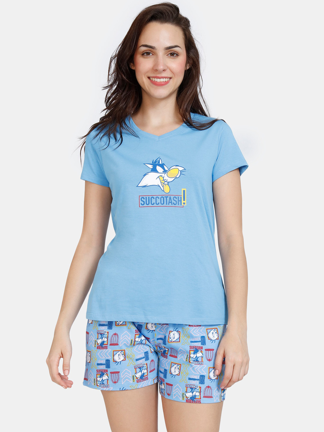 

Zivame Women Blue & Yellow Printed Pure Cotton Shorts Night suit