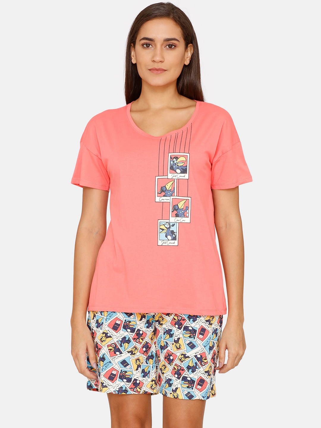 

Zivame Women Pink & Blue Printed Cotton Night suit