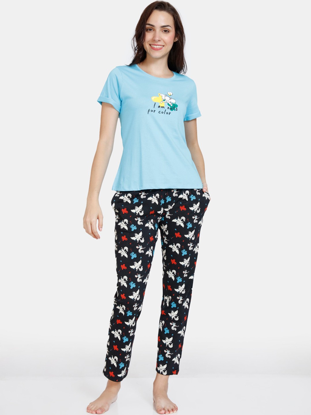 

Zivame Women Black & Blue Printed Pure Cotton Night suit