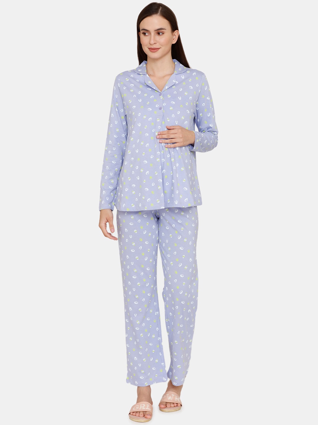 

Zivame Women Purple & White Printed Pure Cotton Night suit