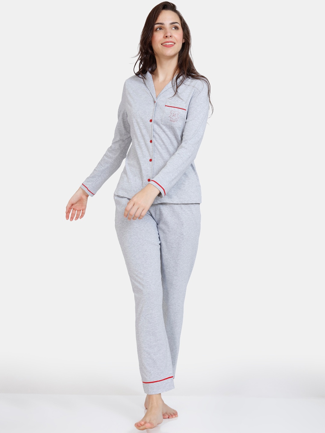 

Zivame Women Grey Solid Pure Cotton Night Suit