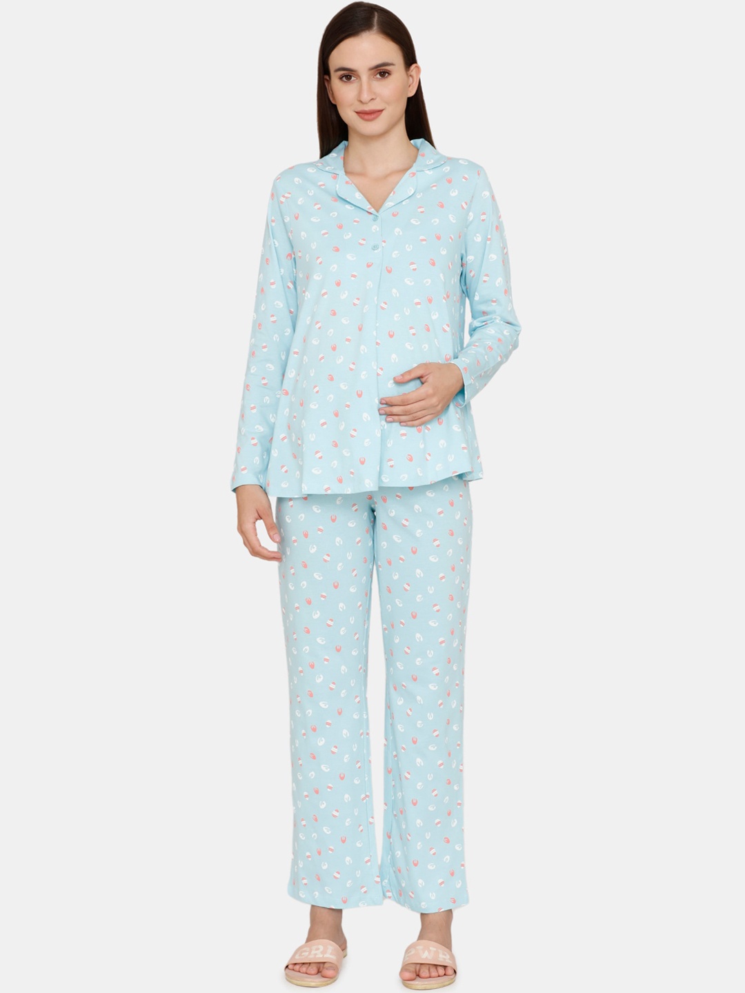 

Zivame Women Blue & White Printed Night suit