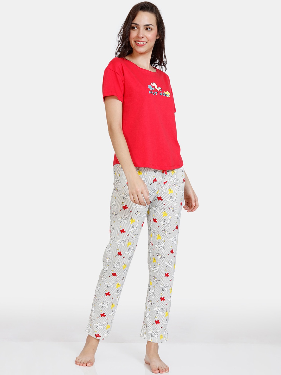 

Zivame Women Red & Grey Night suit 100% Cotton