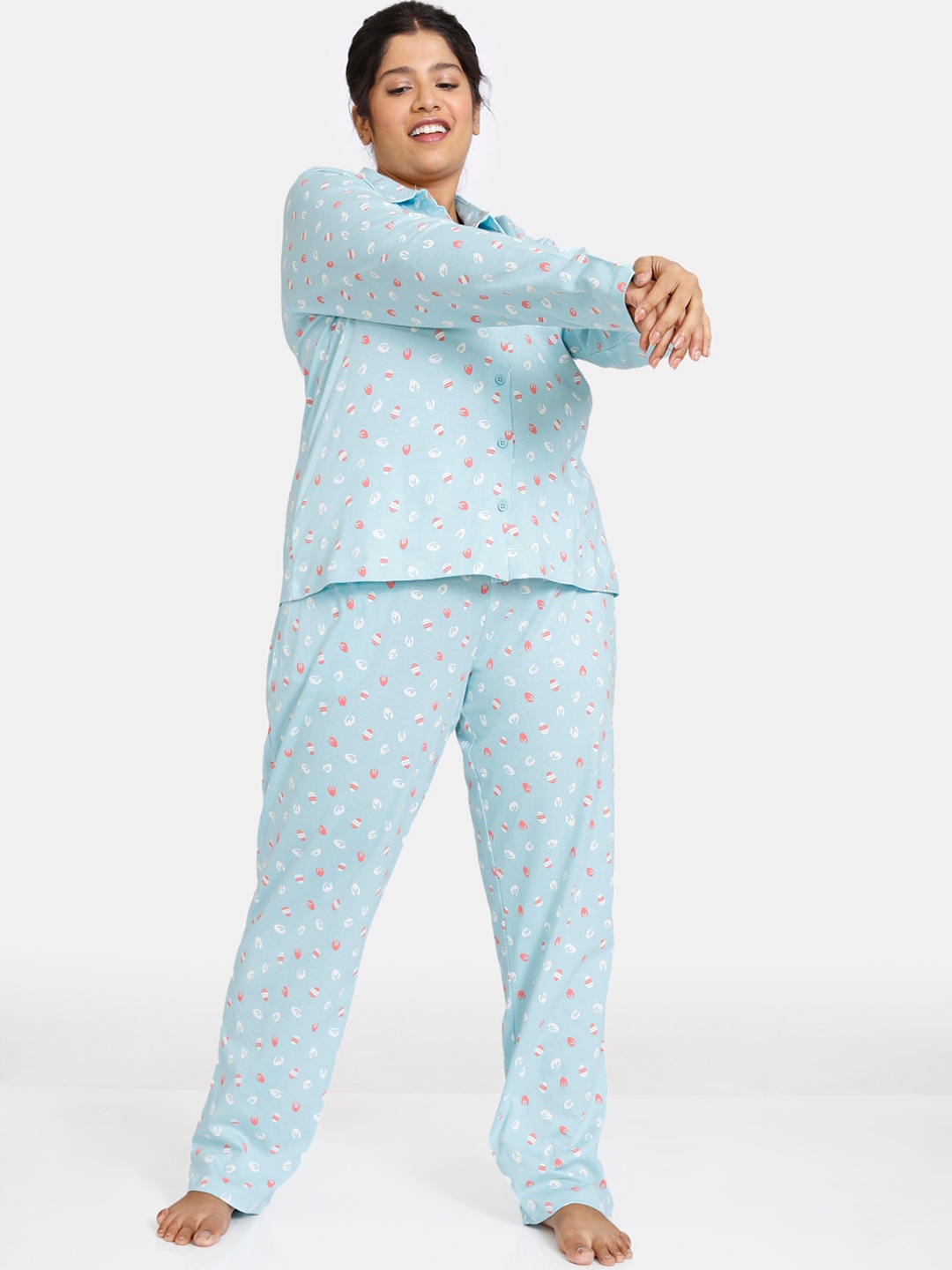 

Zivame Plus Size Women Blue & Pink Printed Pure Cotton Night suit