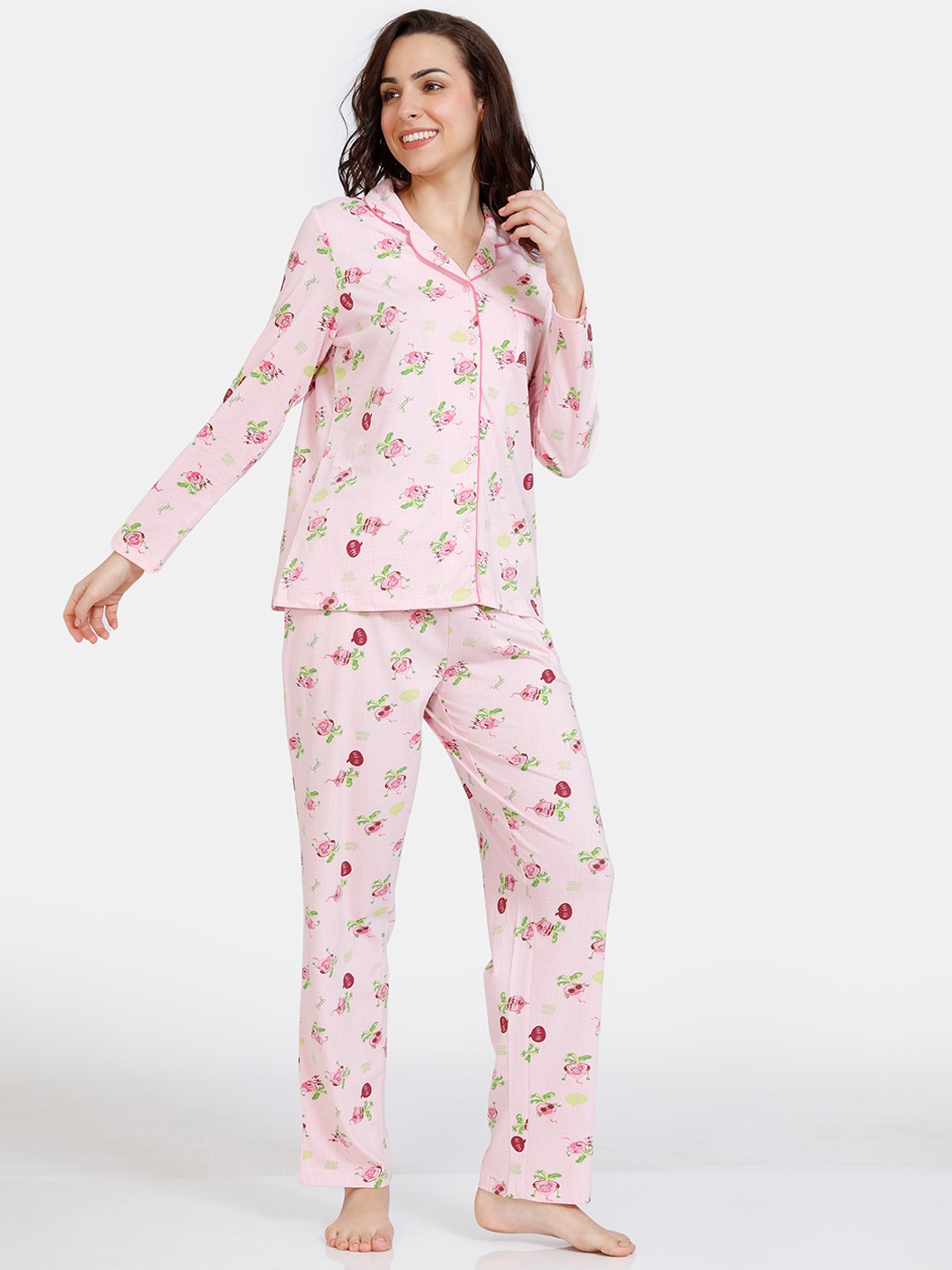 

Zivame Women Pink & Green Printed Pure Cotton Night suit