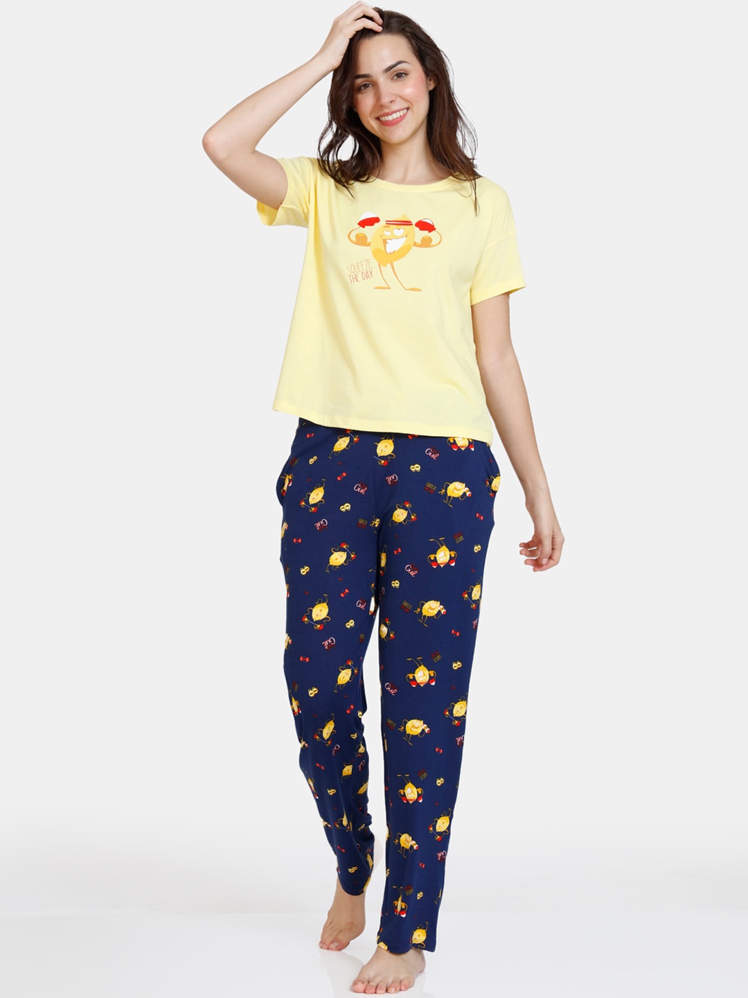 

Zivame Women Blue & Yellow Printed Night suit