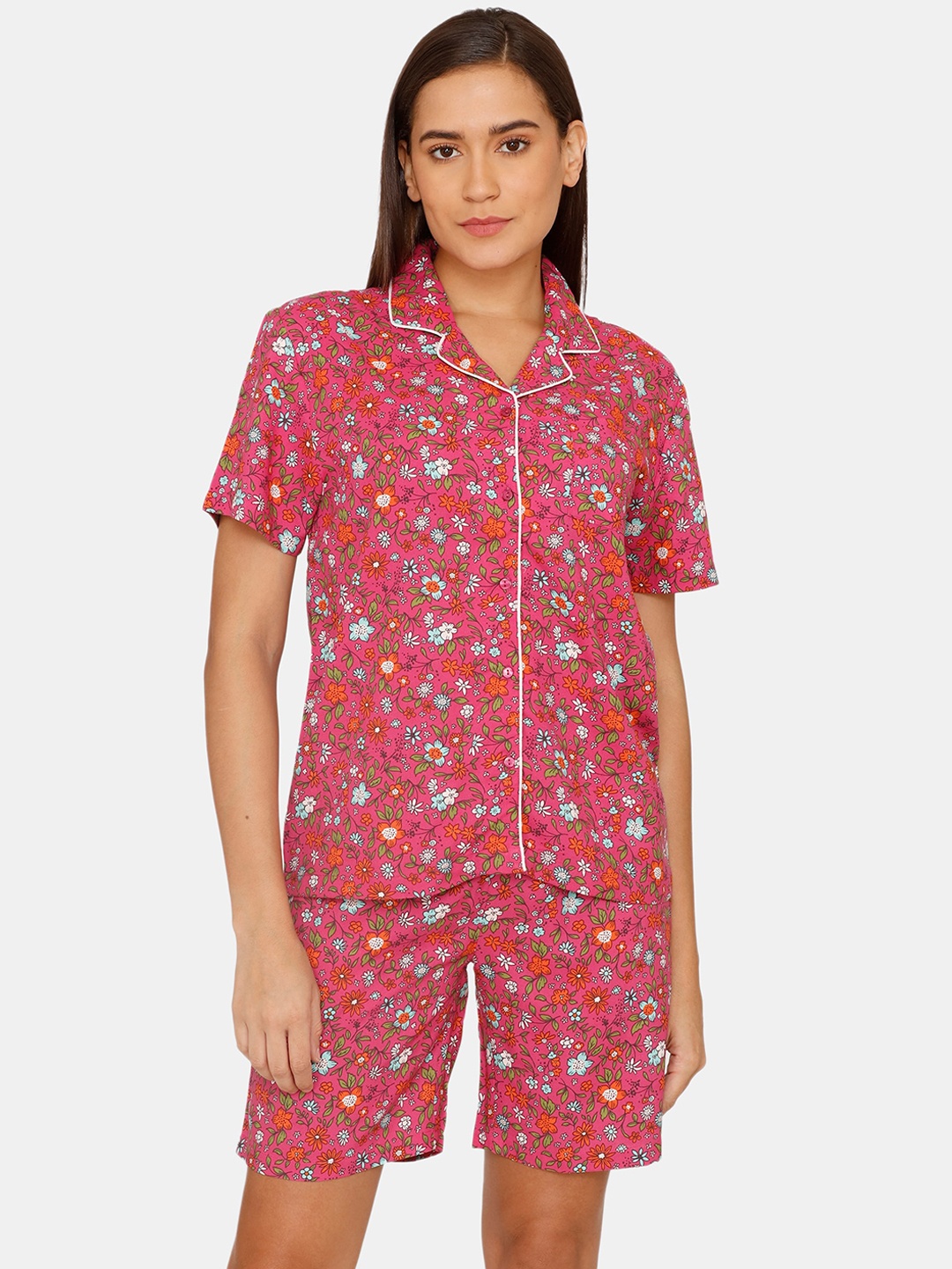

Zivame Women Pink & Blue Printed Night suit