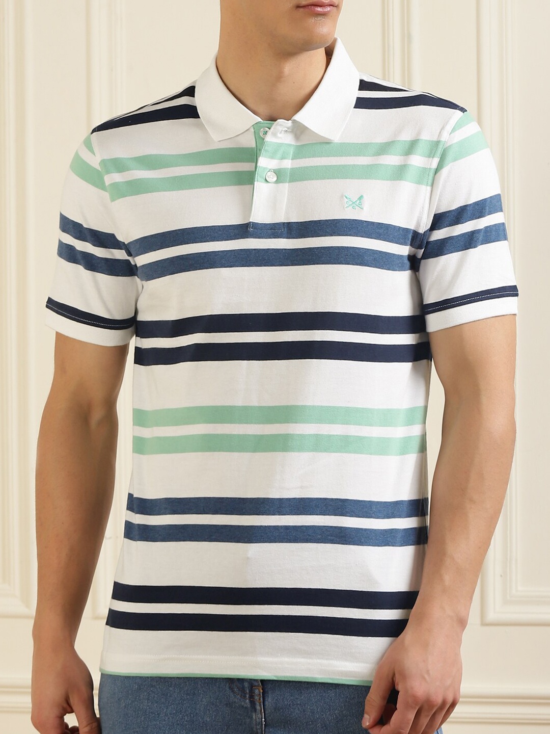

Crew Clothing Men Blue Striped Polo Collar Cotton T-shirt