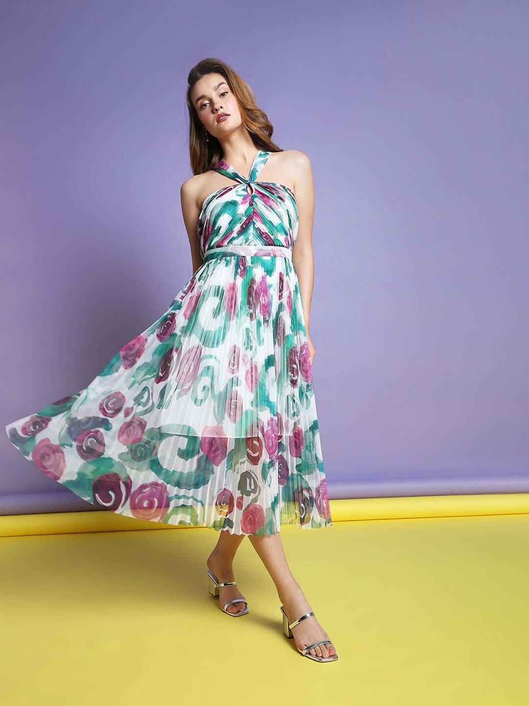 

Vero Moda Marquee Collection Multicoloured Accordion Floral Pleated Midi Dress, Multi
