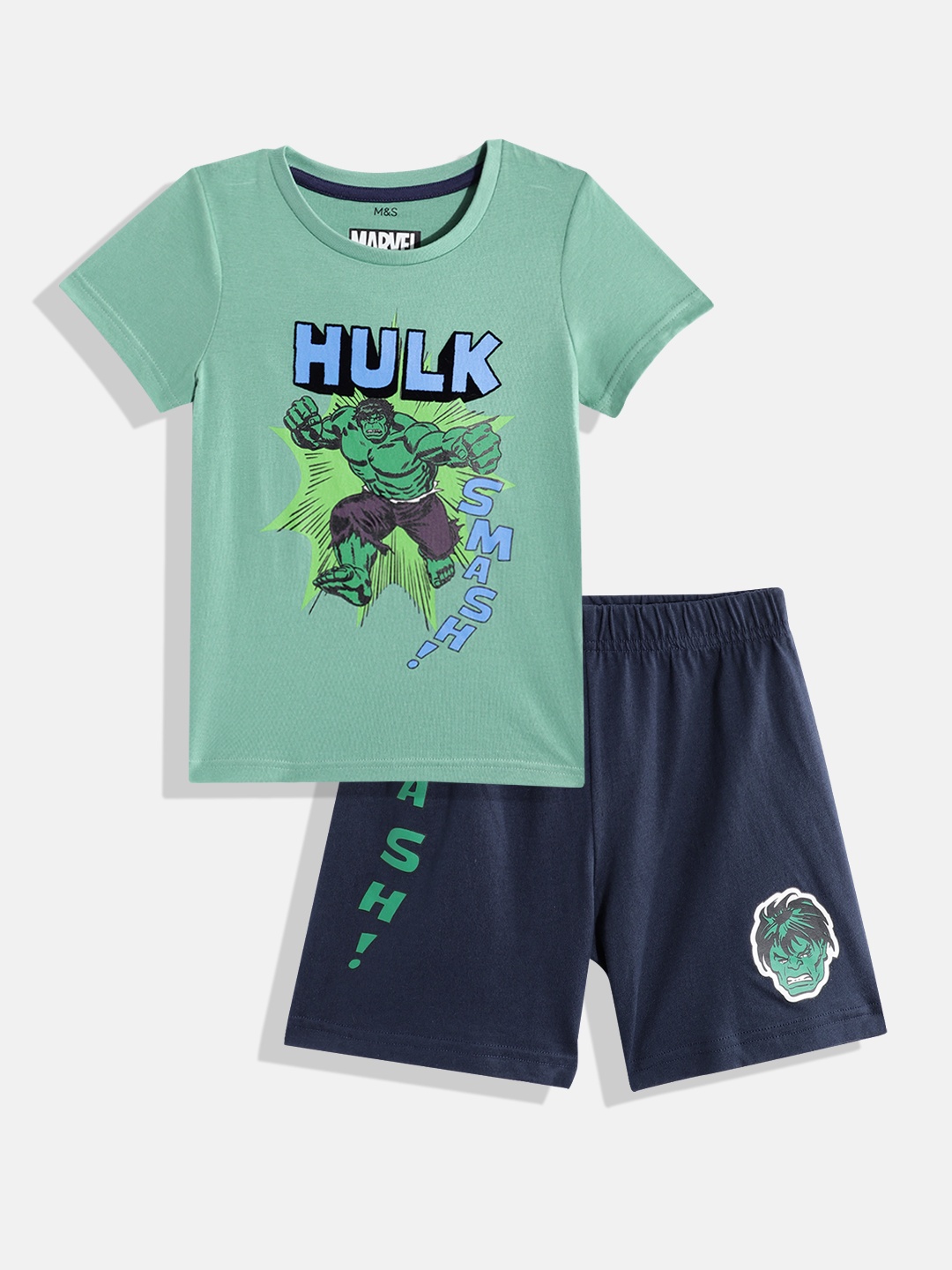 

Marks & Spencer Boys Pure Cotton Hulk Print T-shirt with Shorts, Green