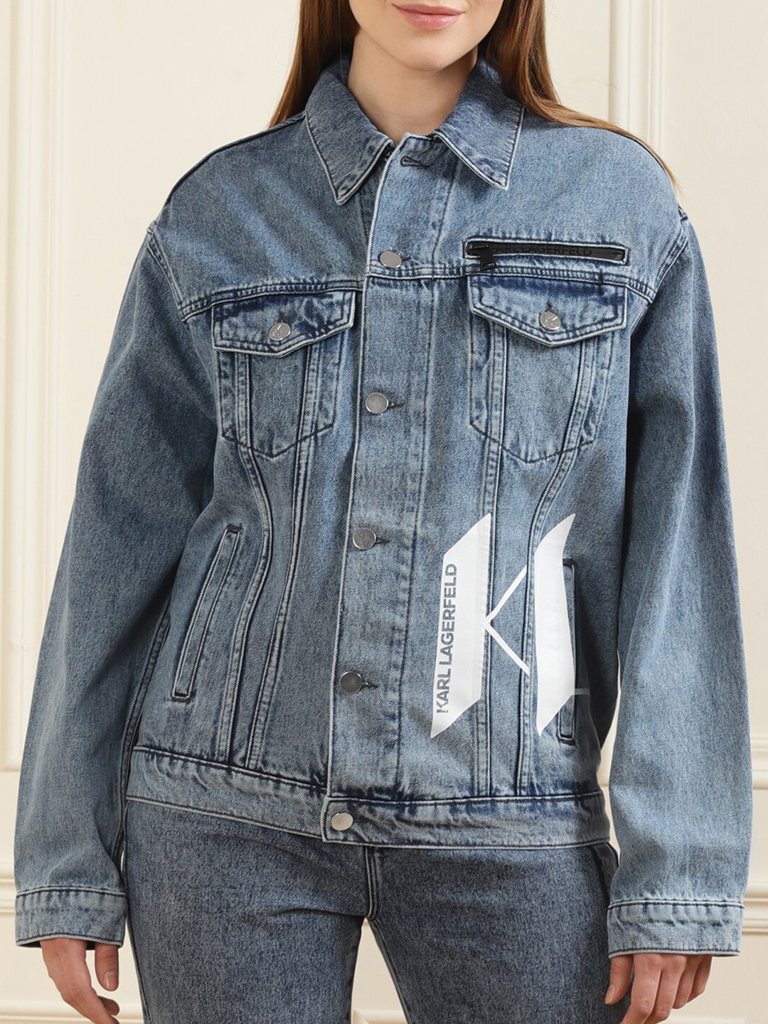 

Karl Lagerfeld Women Blue Washed Lightweight Denim Jacket with Embroidered