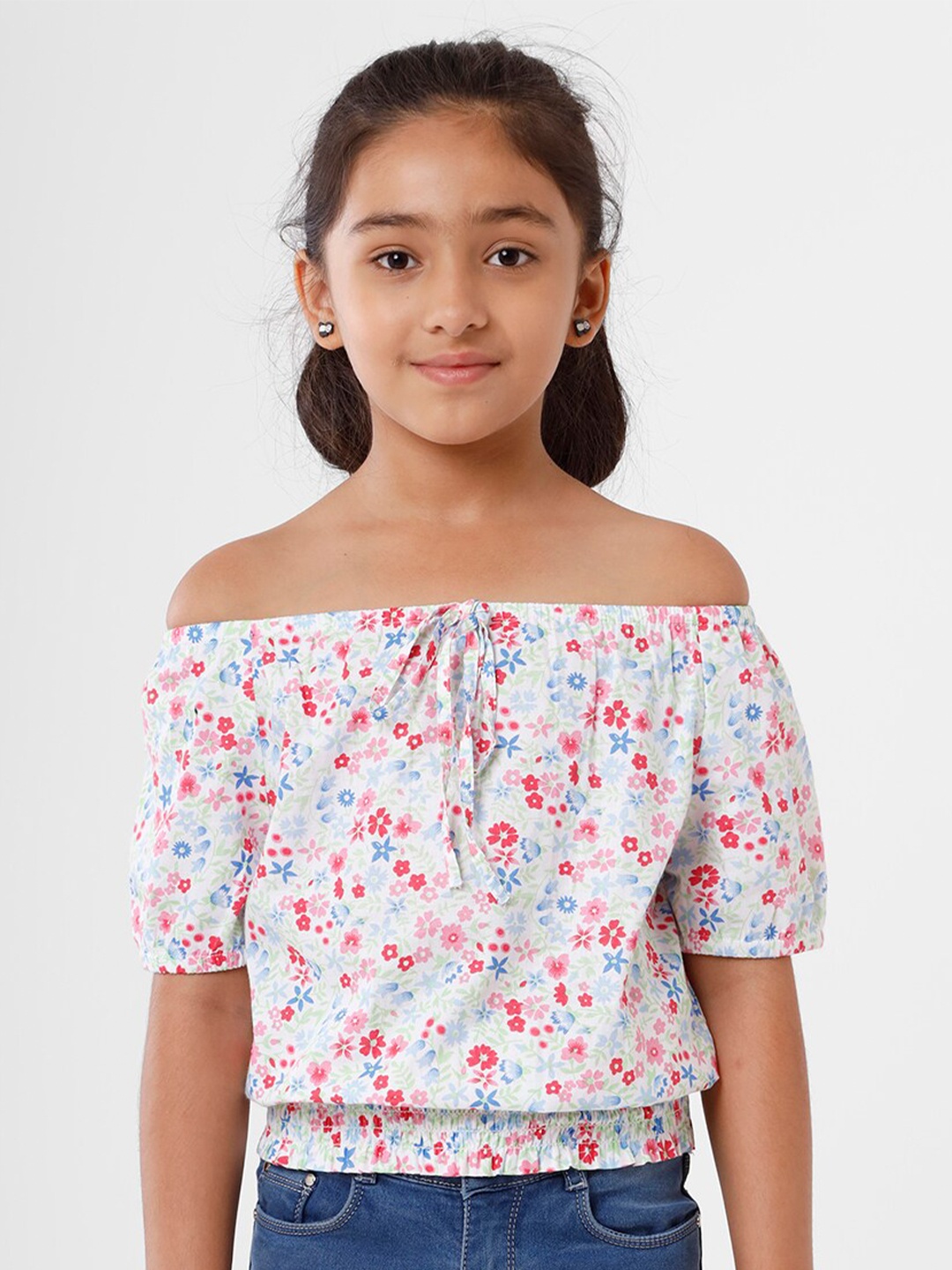 

De Moza White Floral Print Off-Shoulder Bardot Top