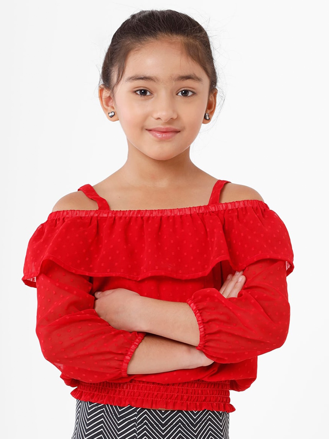 

De Moza Girls Red Off Shoulder Ruffled Top