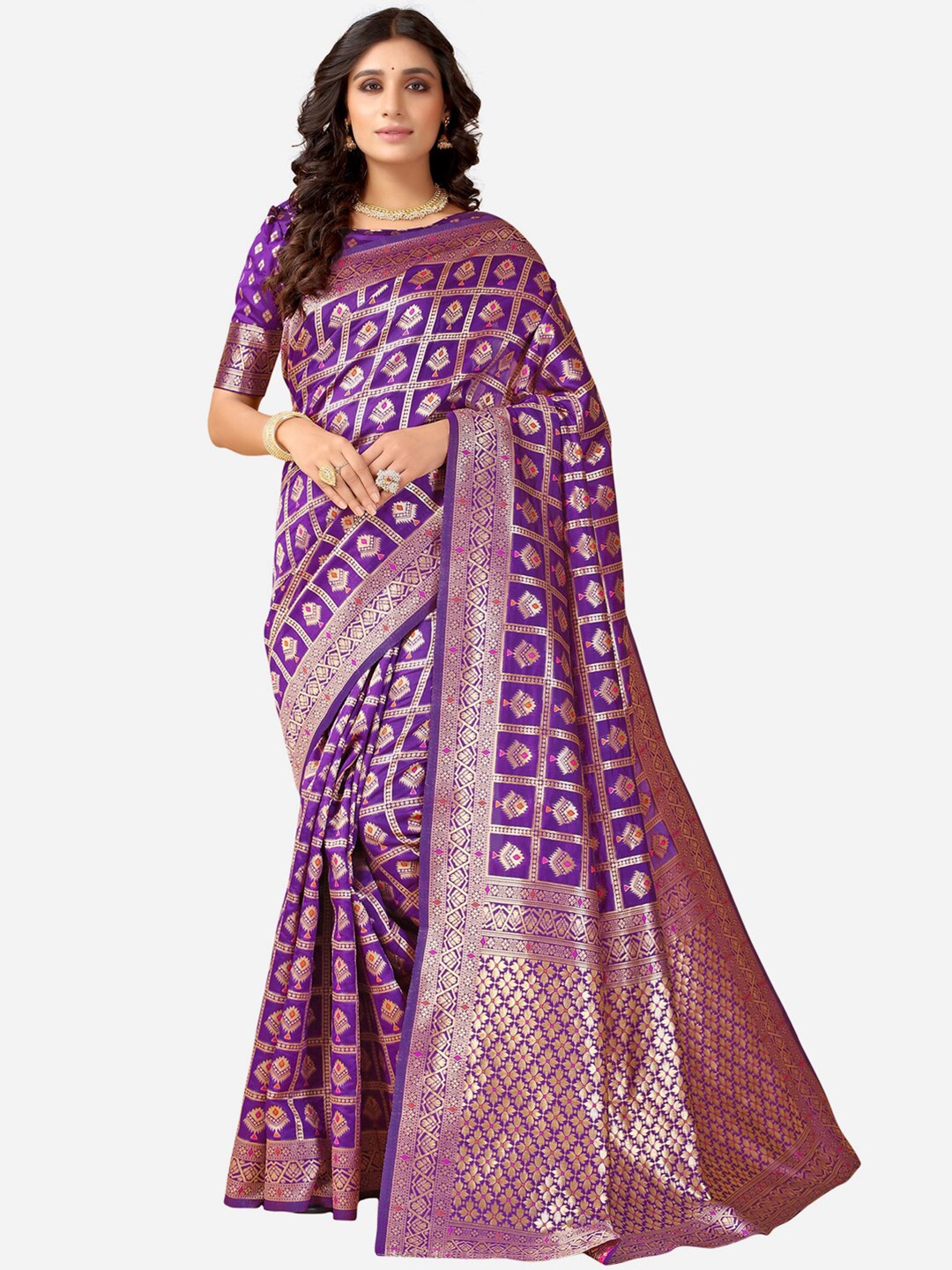 

Satrani Violet & Gold-Toned Woven Design Saree