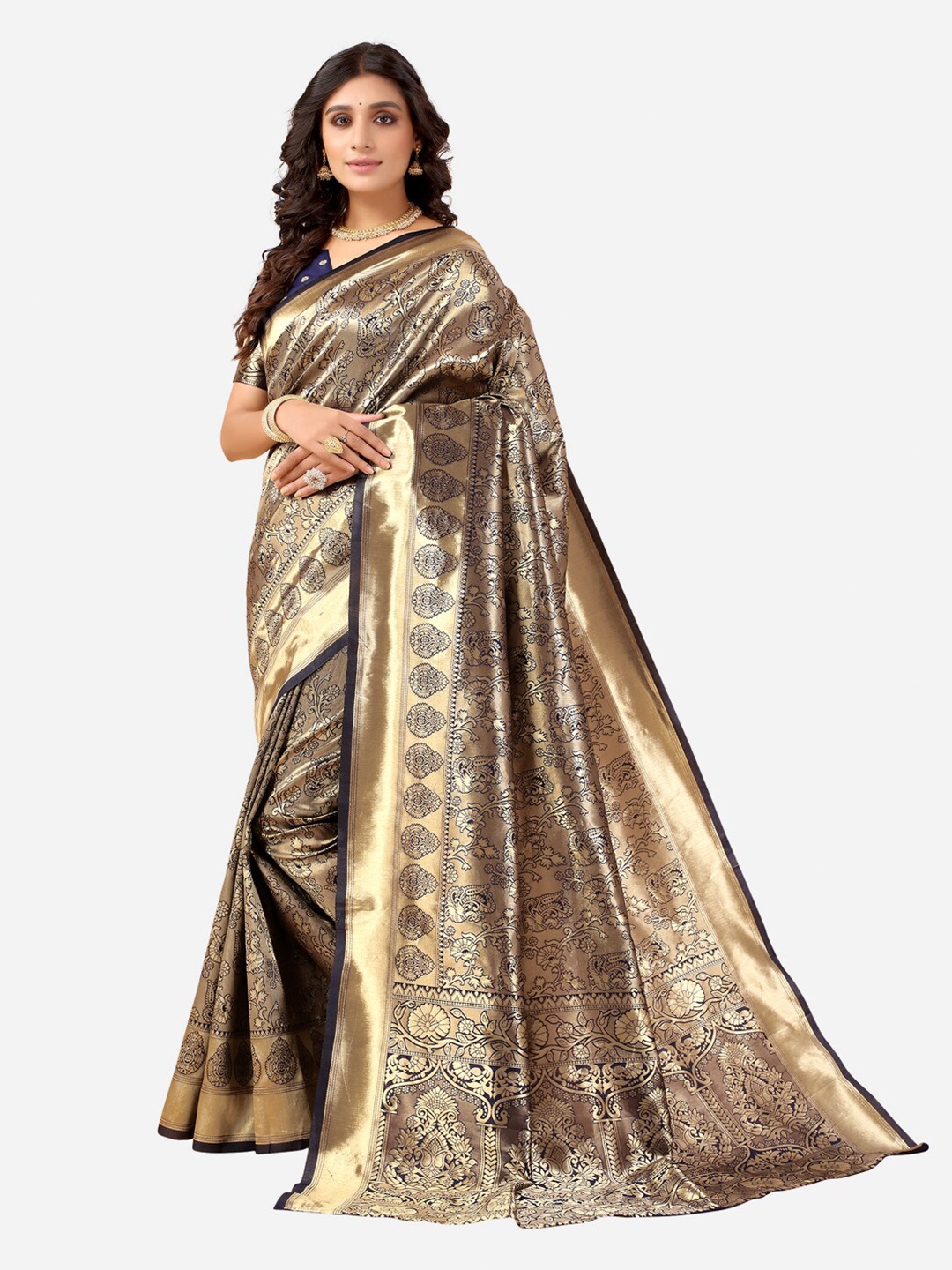 

Satrani Navy Blue & Gold-Toned Woven Design Zari Kanjeevaram Saree