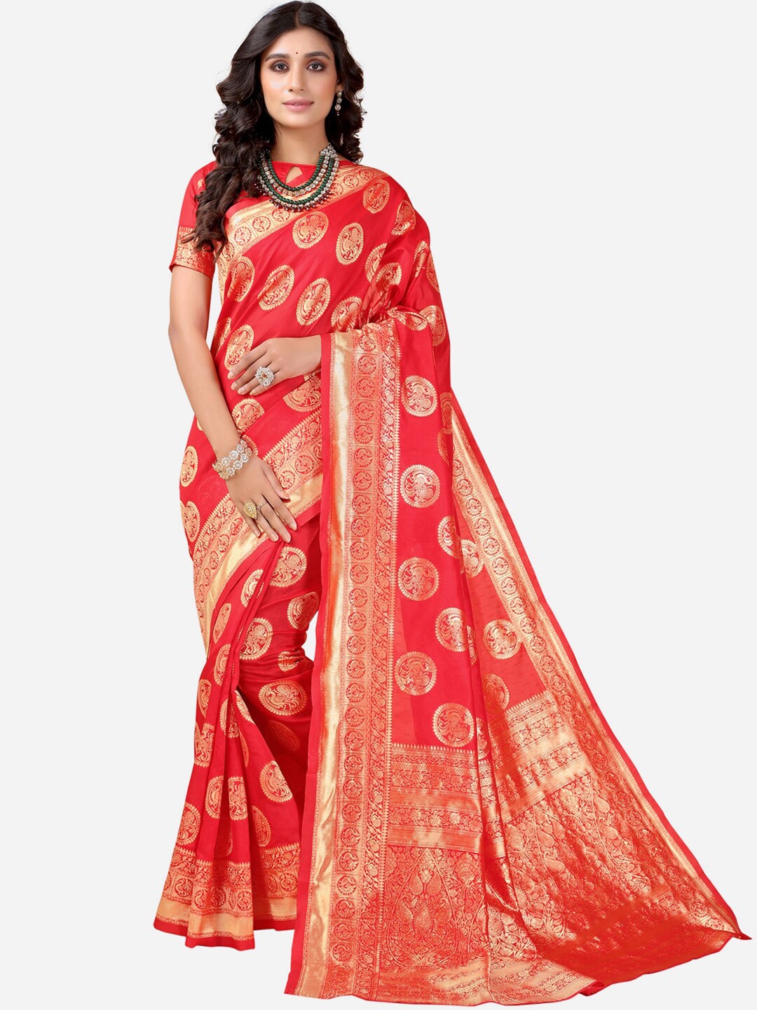 

Satrani Red & Gold-Toned Ethnic Motifs Saree