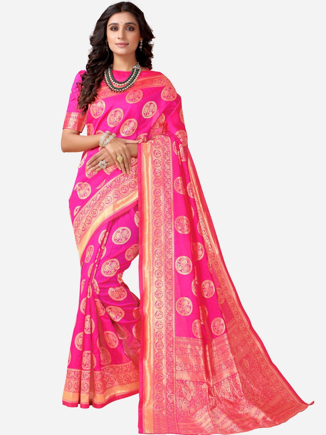 

Satrani Pink & Gold-Toned Woven Design Zari Saree