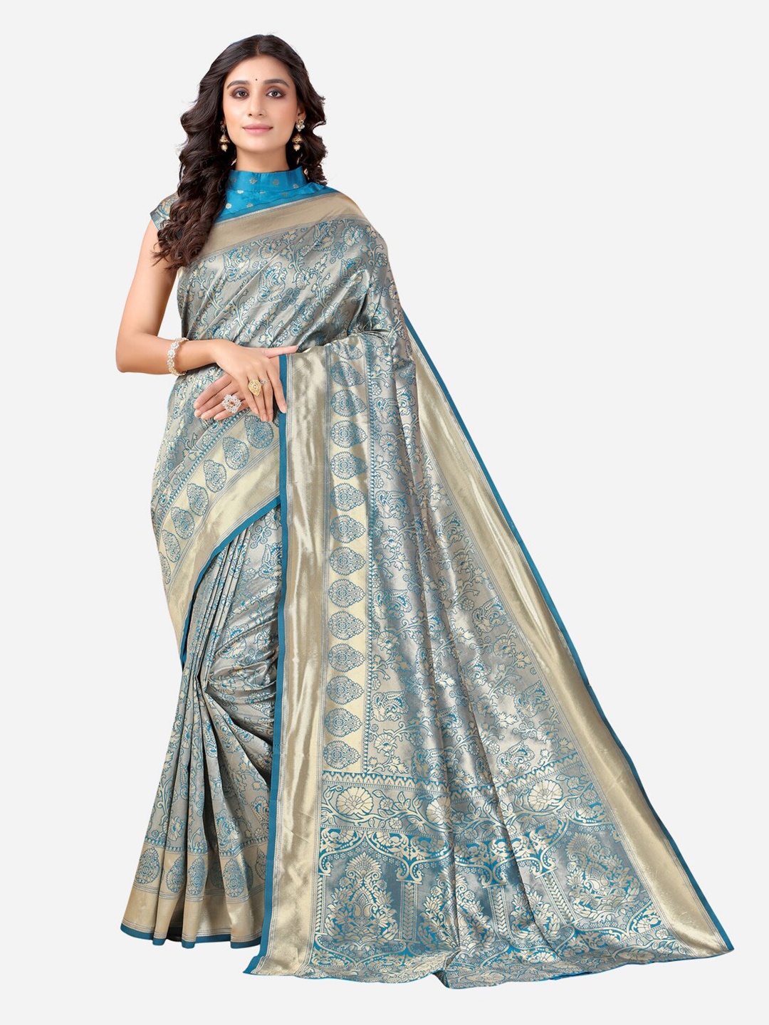 

Satrani Blue & Gold-Toned Floral Zari Kanjeevaram Saree