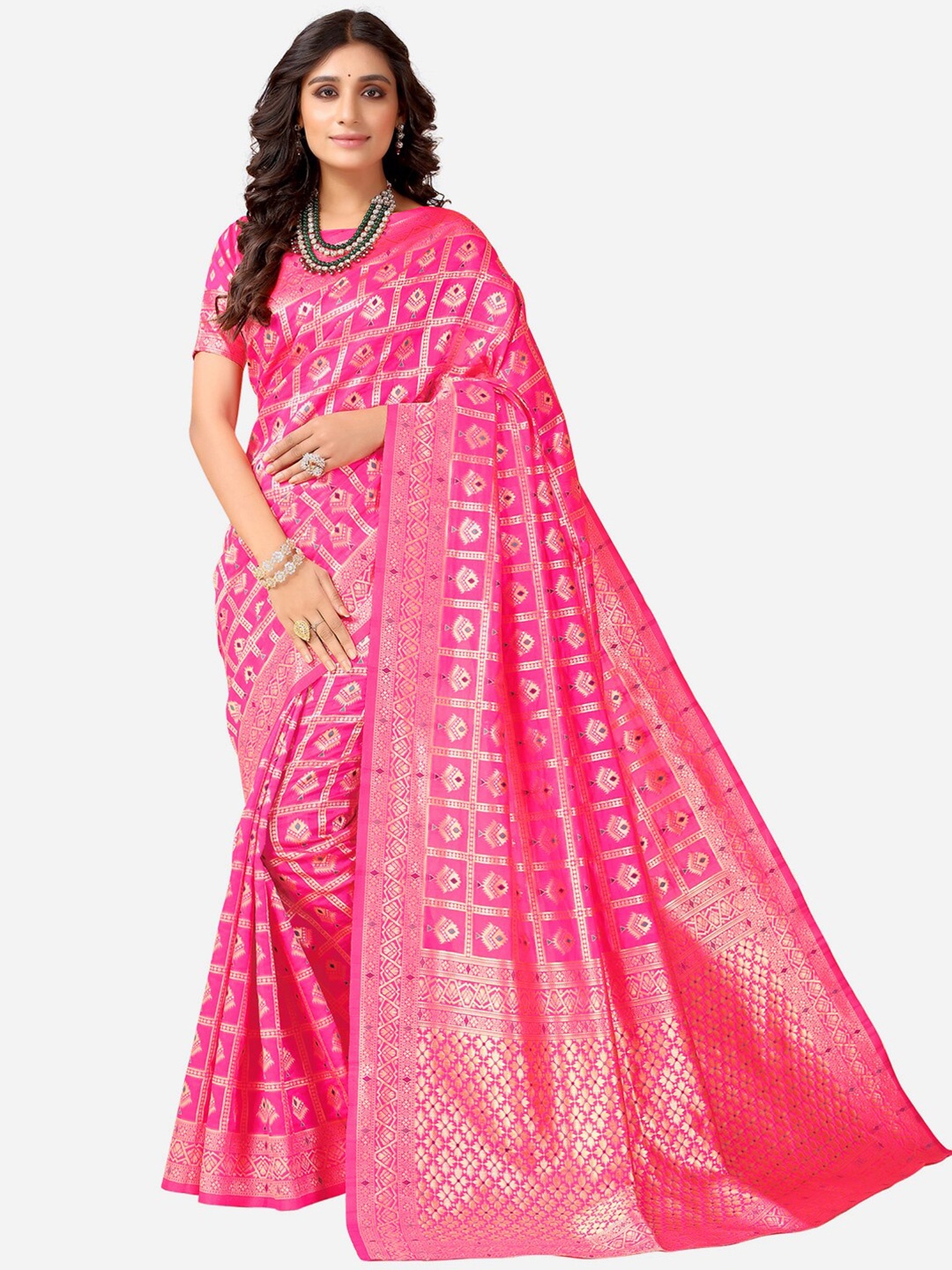 

Satrani Pink & Gold-Toned Floral Woven Design Zari Patola Saree