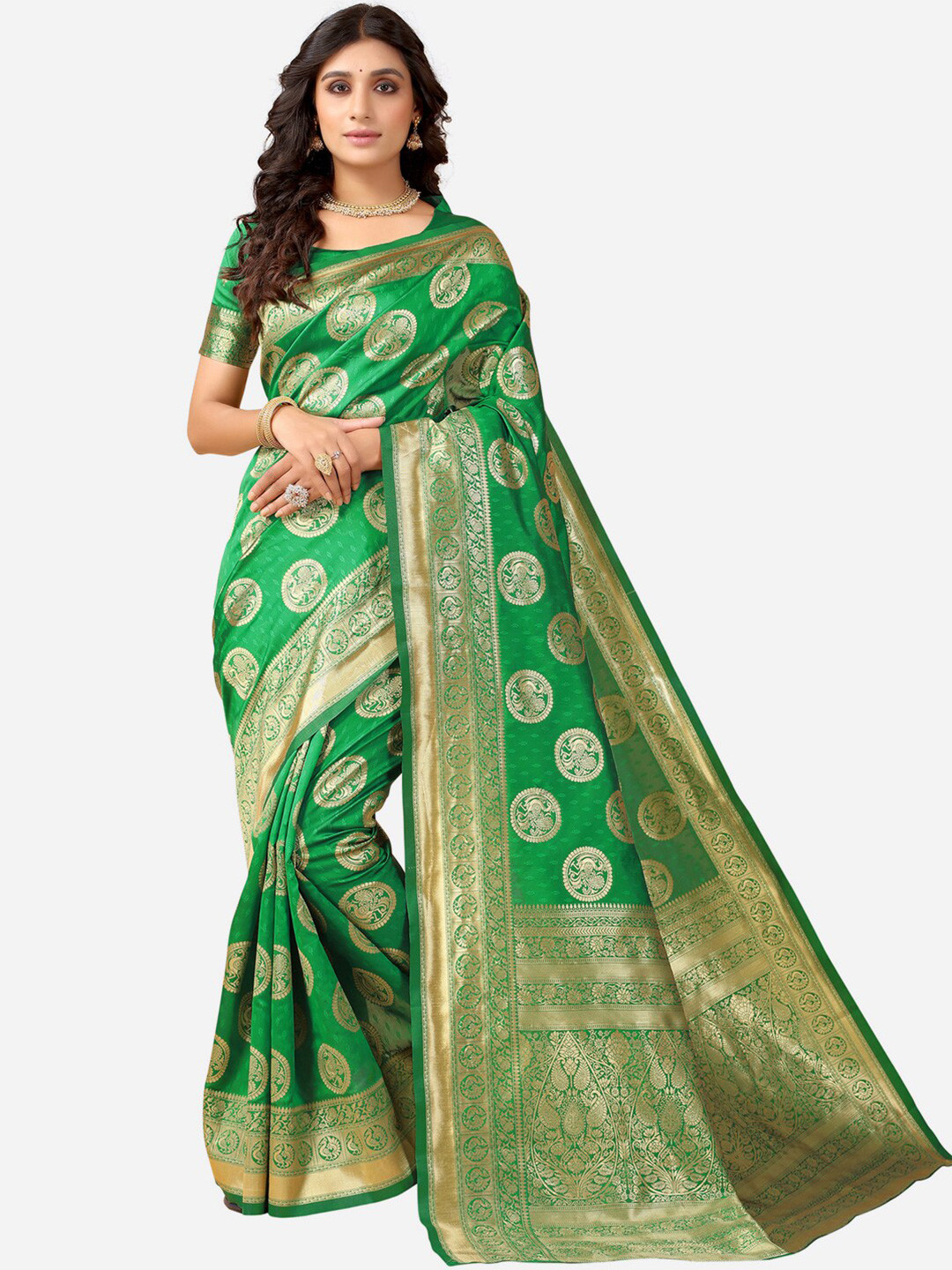 

Satrani Green & Golden Ethnic Motifs Zari Saree