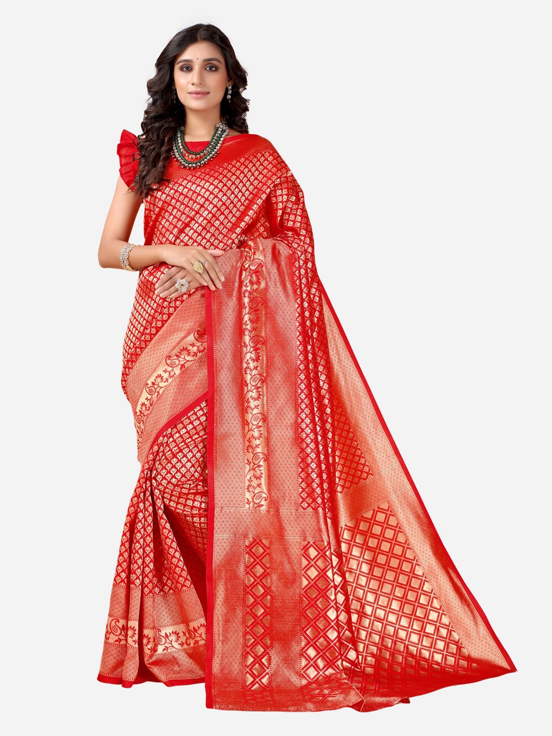 

Satrani Red & Golden Woven Design Kanjeevaram Saree