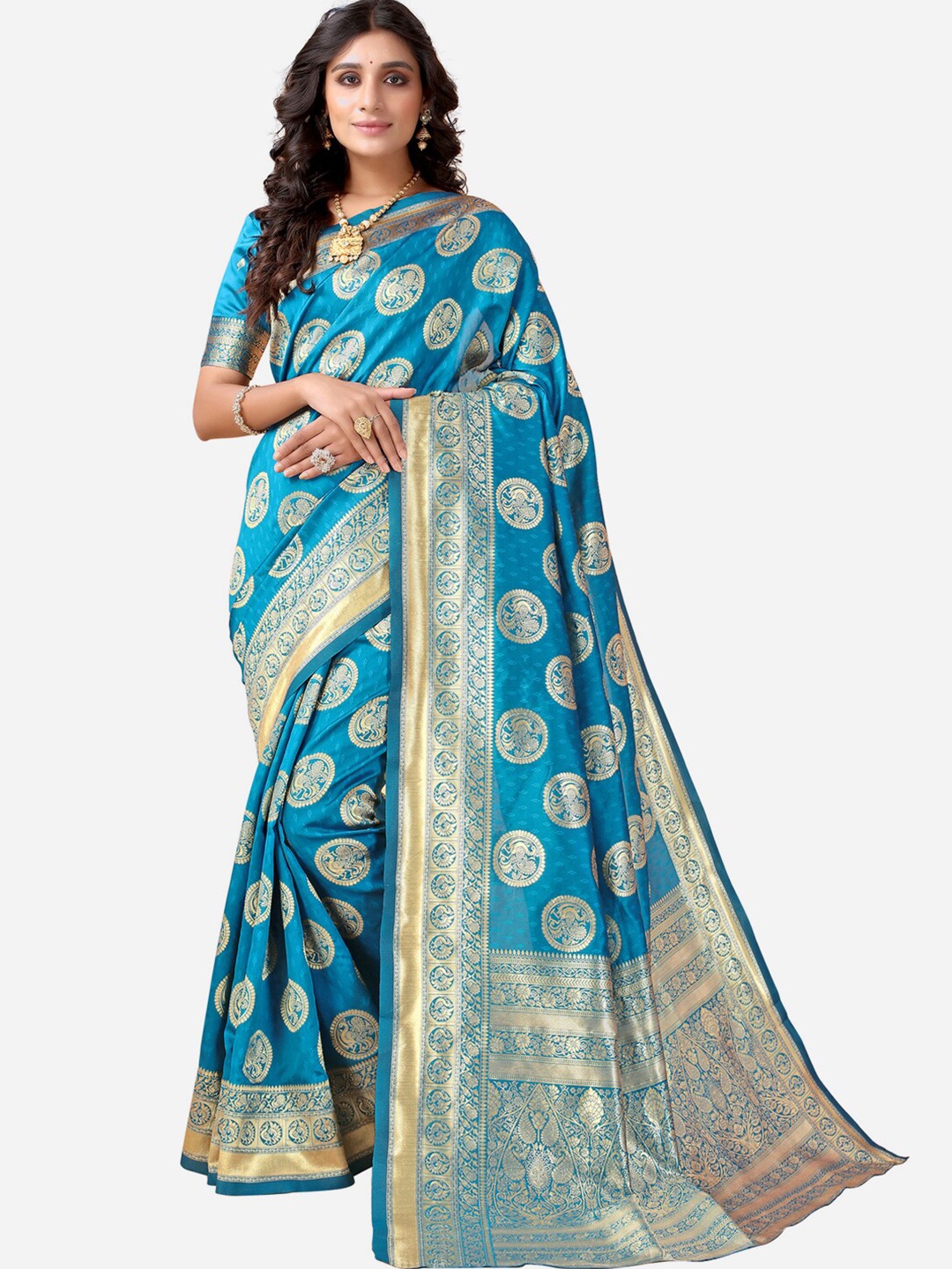 

Satrani Blue & Golden Ethnic Motifs Zari Saree