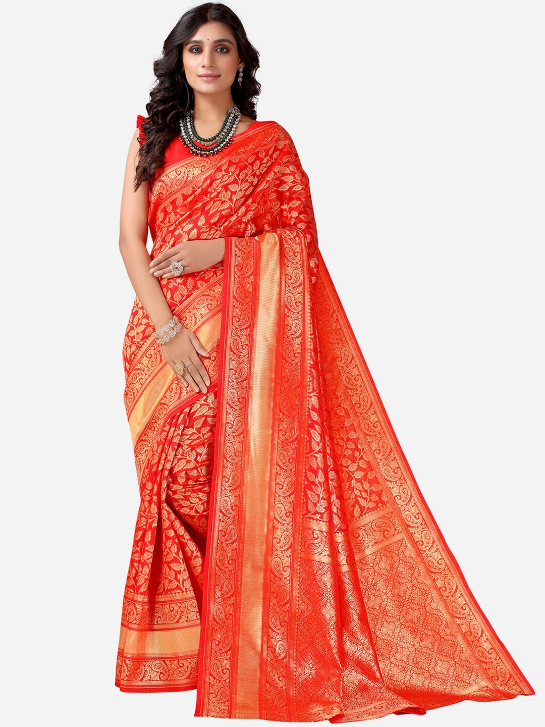 

Satrani Red & Gold-Toned Ethnic Motifs Zari Kota Saree