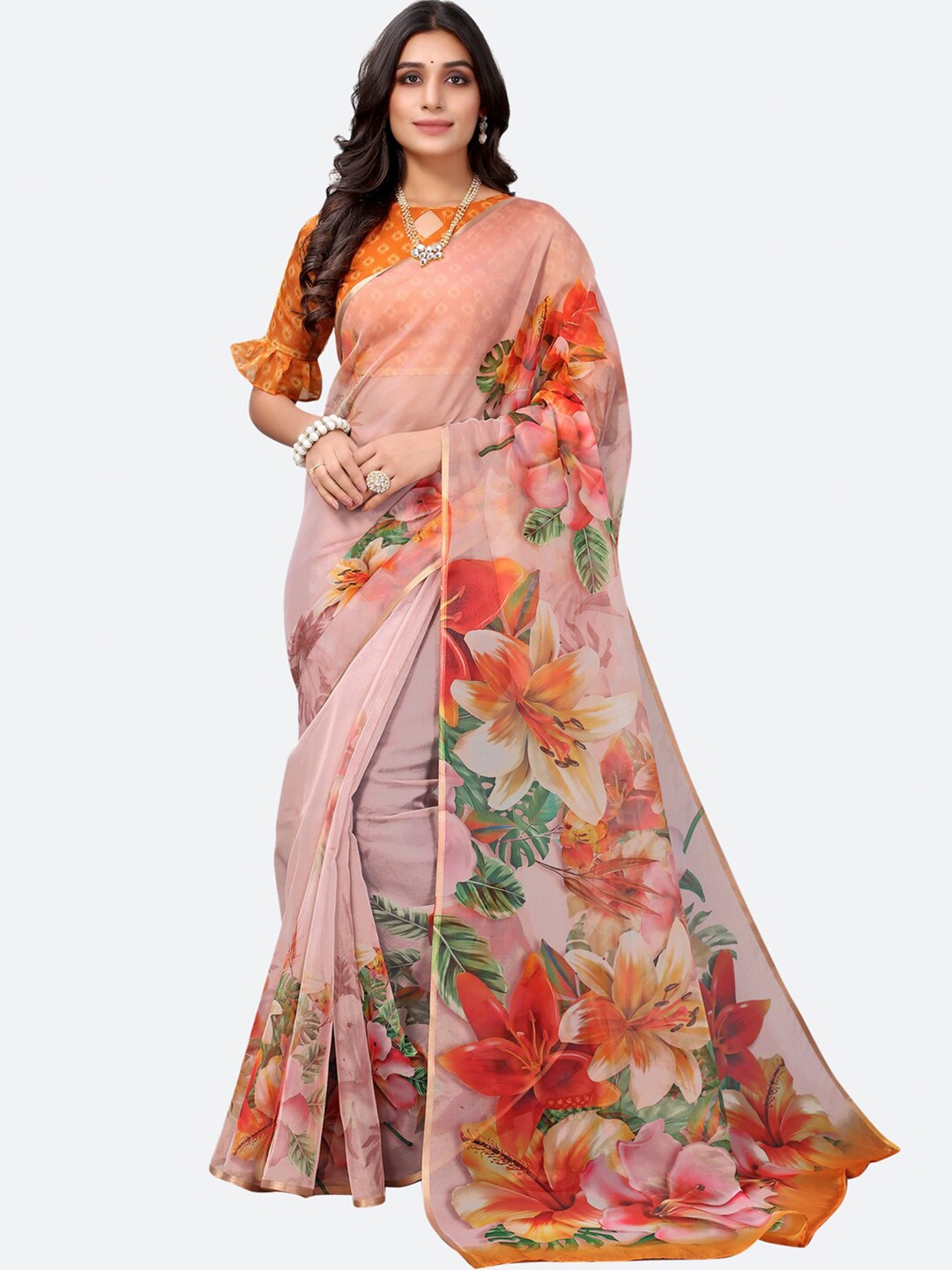 

Satrani Peach-Coloured & Green Floral Organza Saree