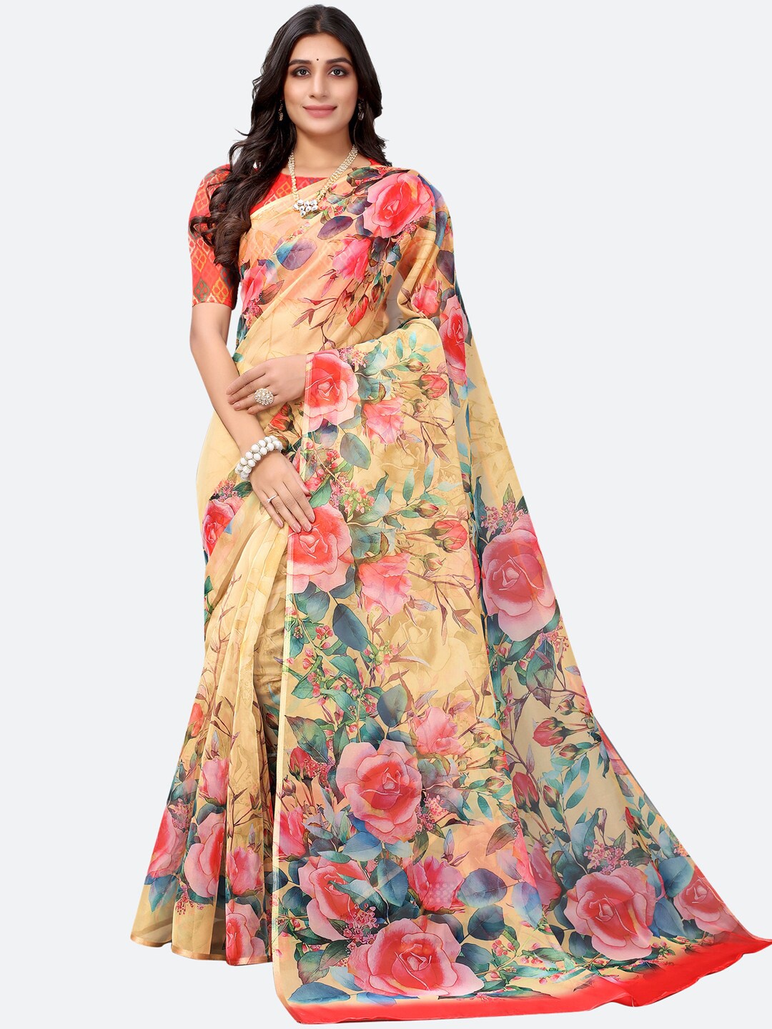 

Satrani Yellow & Pink Floral Organza Saree