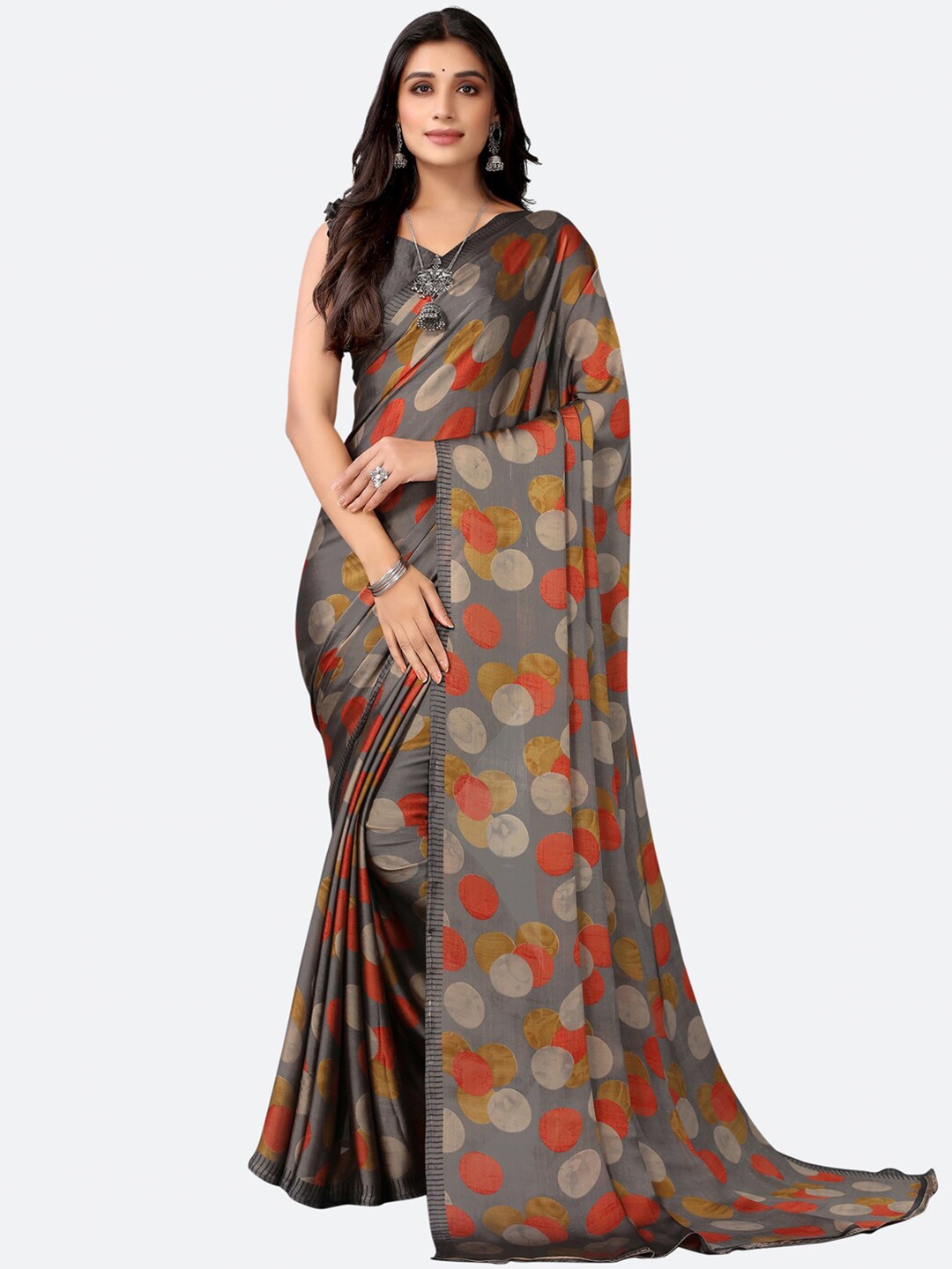 

Satrani Grey & Orange Poly Georgette Printed Saree