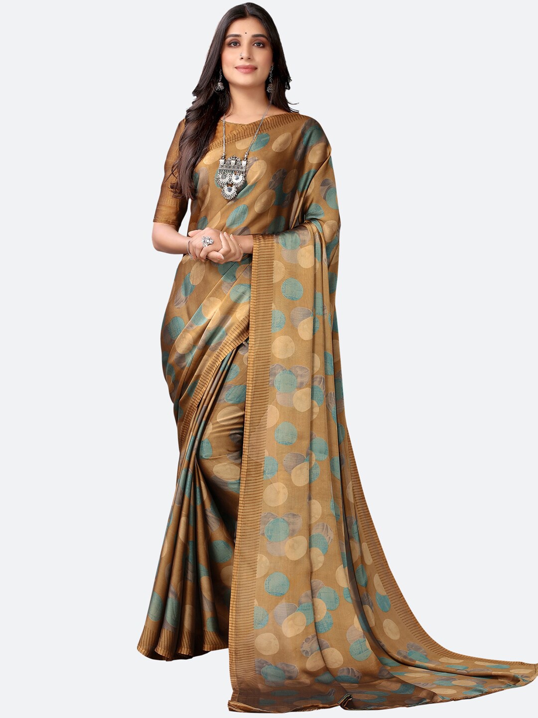 

Satrani Brown & Green Printed Poly Georgette Saree