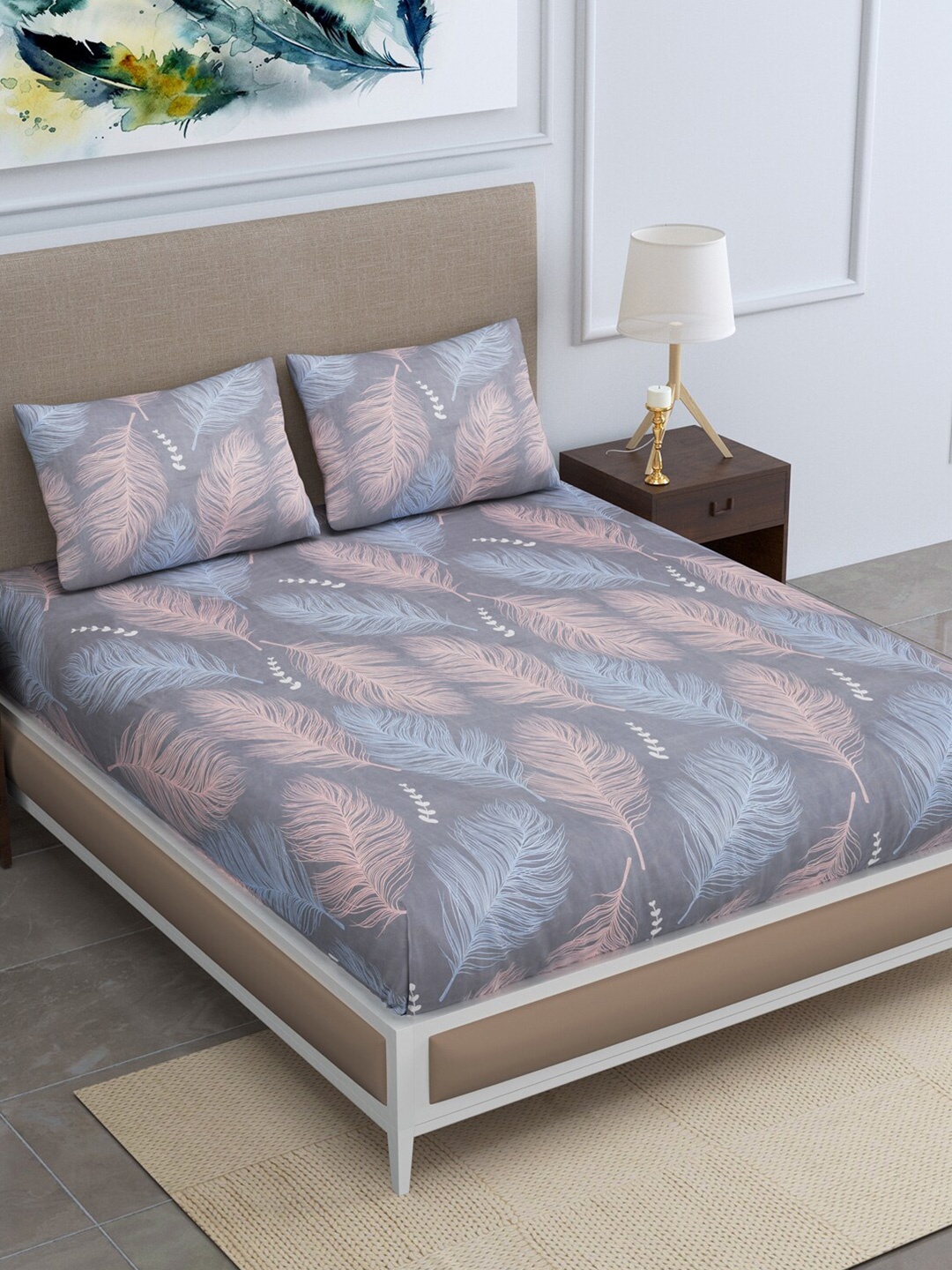

Rudra Bazaar Grey Melange & Blue Floral 210 TC King Bedsheet with 2 Pillow Covers