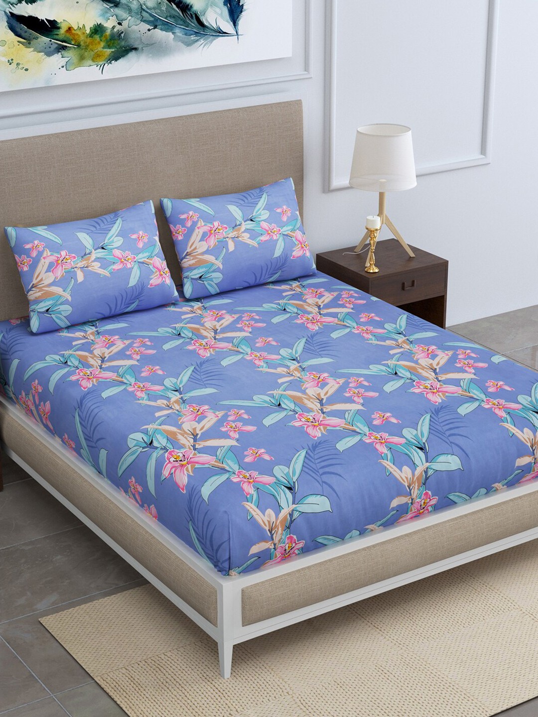 

Rudra Bazaar Blue & Pink Floral 210 TC King Bedsheet with 2 Pillow Covers