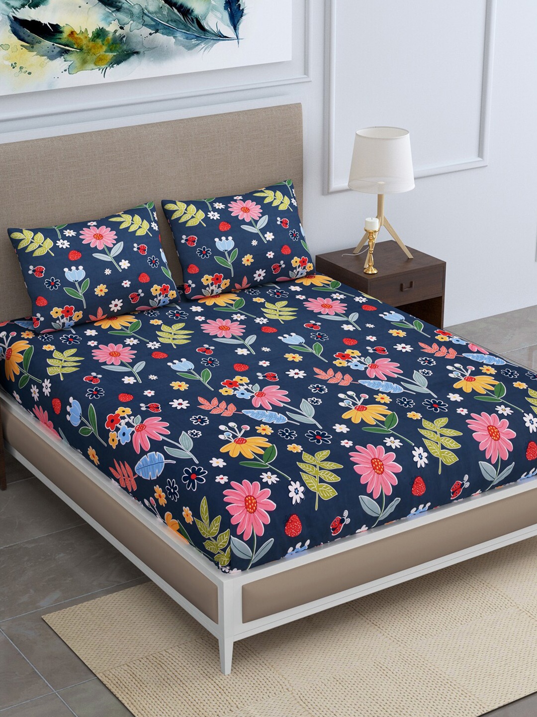 

Rudra Bazaar Blue & Pink Floral 210 TC King Bedsheet with 2 Pillow Covers