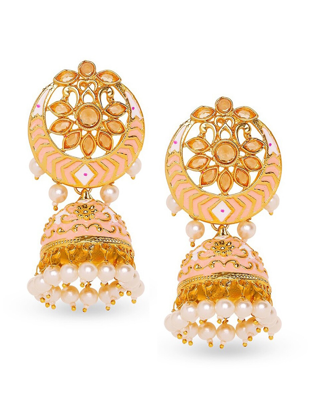 

Mahi Pink & Gold-Plated Classic Meenakari Jhumkas Earrings