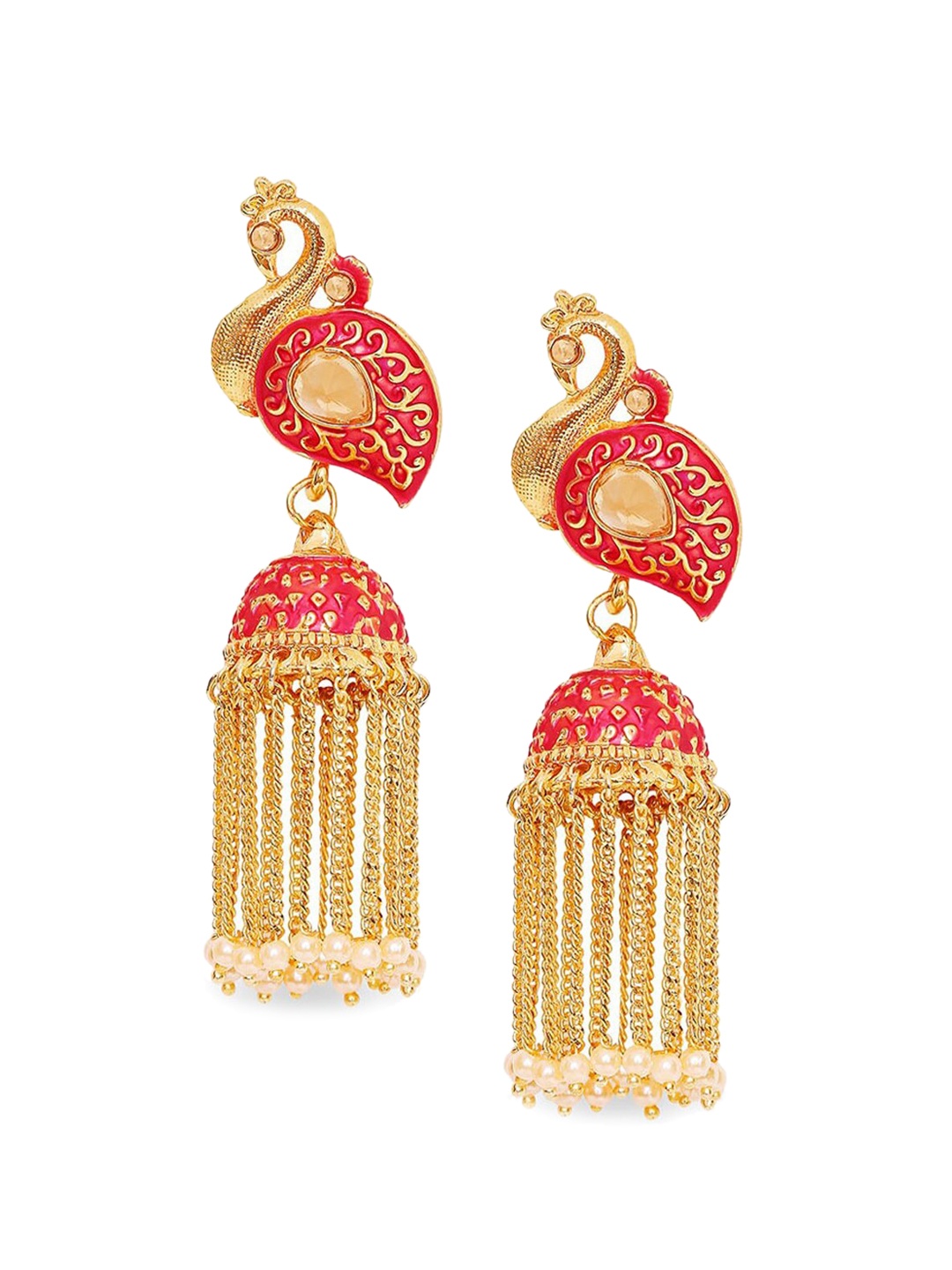 

Mahi Red & Gold-Toned Peacock Shaped Jhumkas