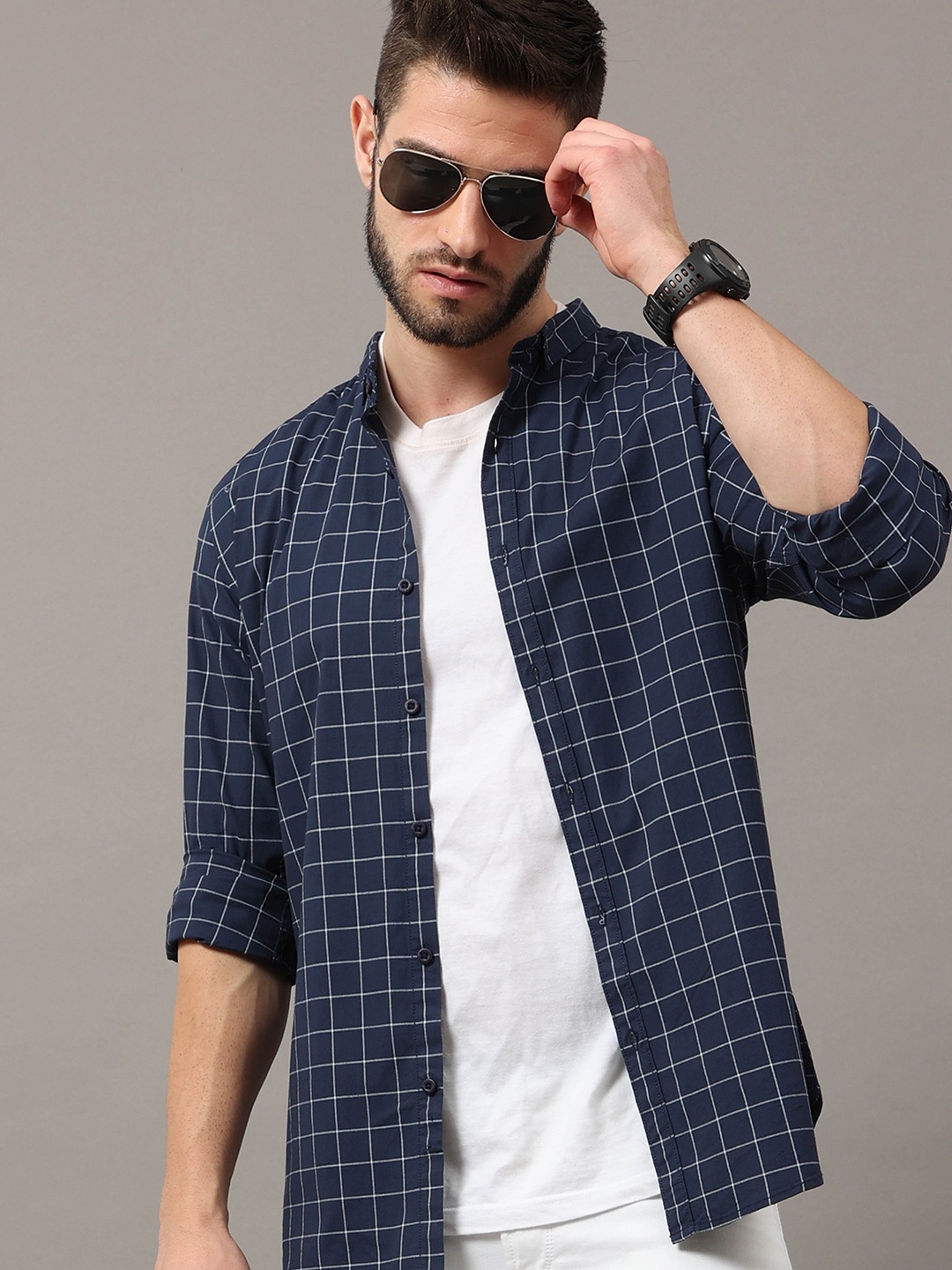 

HERE&NOW Men Blue Slim Fit Grid Tattersall Checks Checked Casual Shirt