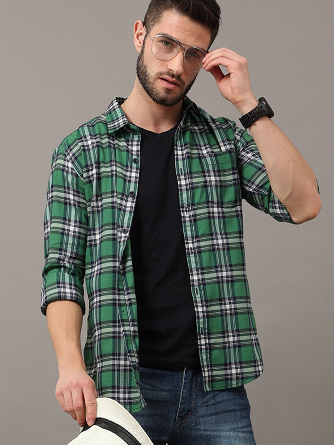 

HERE&NOW Men Green Slim Fit Tartan Checks Checked Casual Shirt