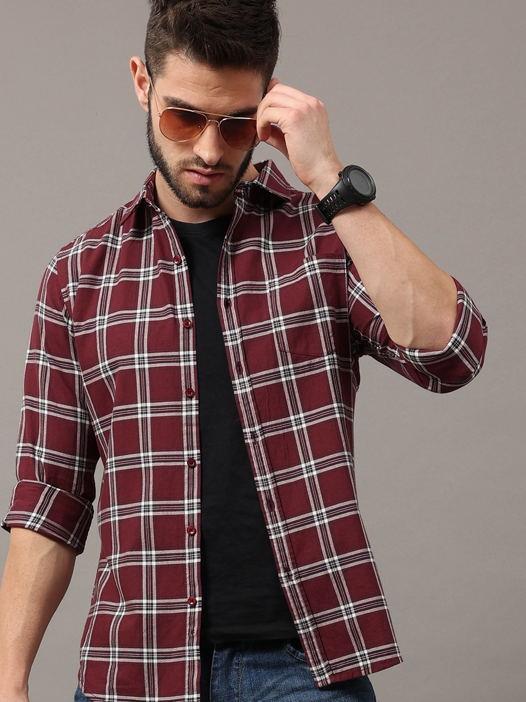 

HERE&NOW Men Maroon Slim Fit Tartan Checks Checked Casual Shirt