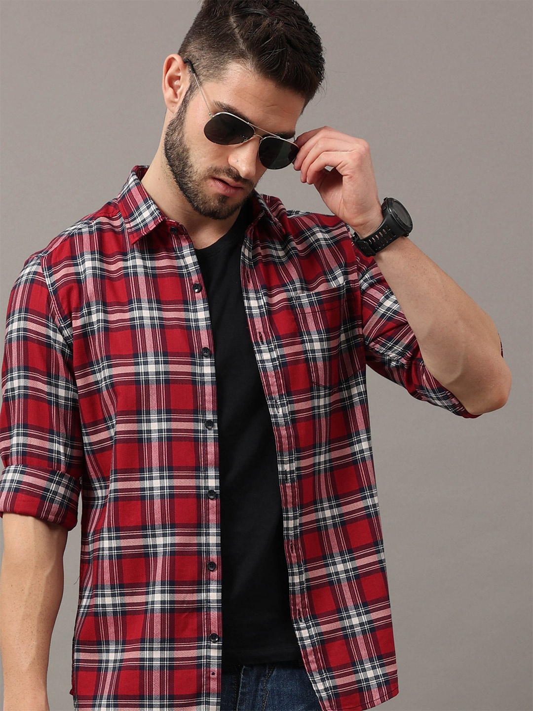 

HERE&NOW Men Red Slim Fit Tartan Checks Checked Casual Shirt