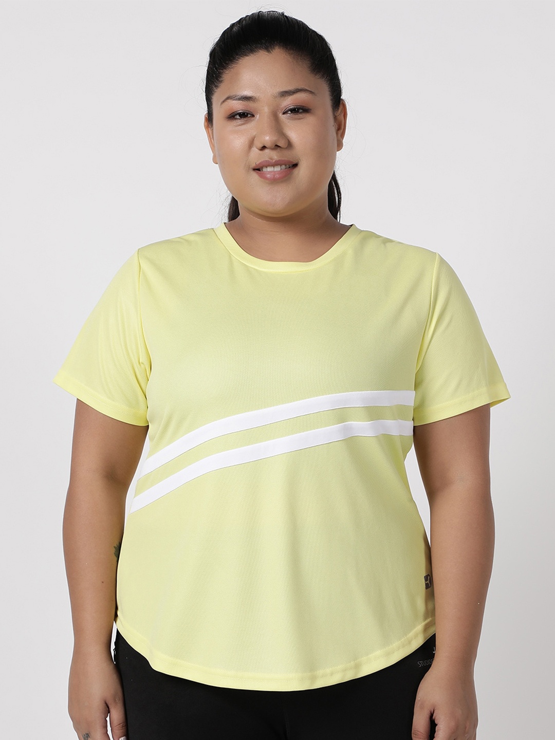 

STUDIOACTIV Plus Size Women Yellow Striped T-shirt