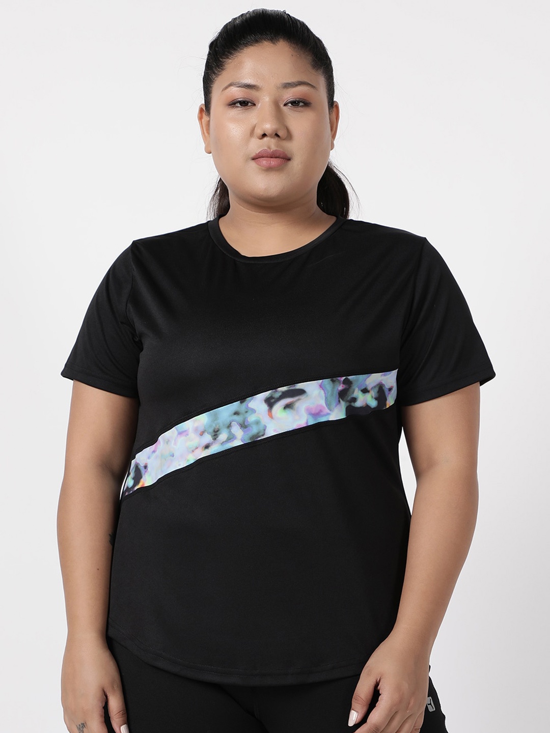

STUDIOACTIV Women Plus Size Black & Blue Colourblocked T-shirt