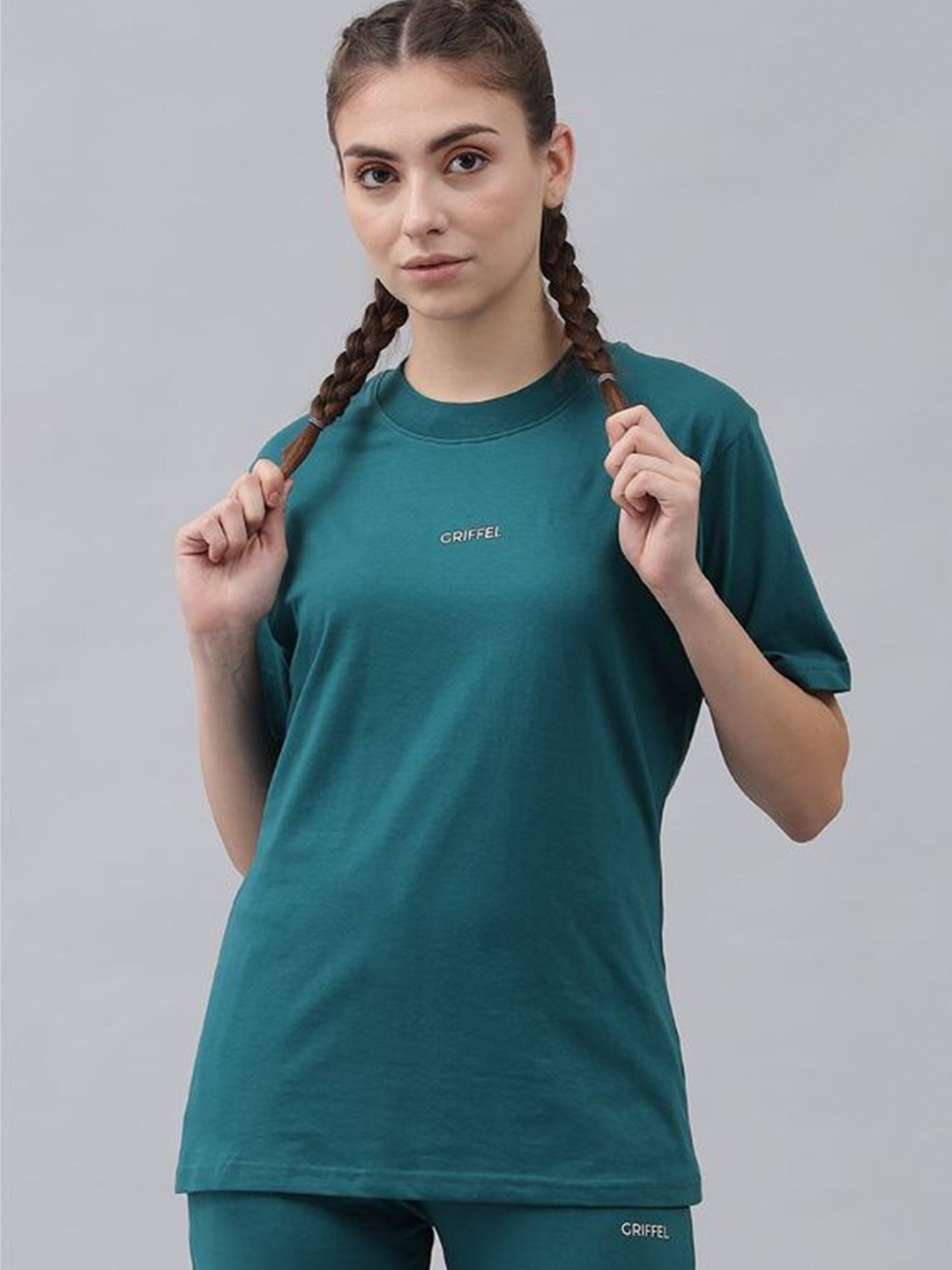 

GRIFFEL Women Green Solid Cotton T-shirt
