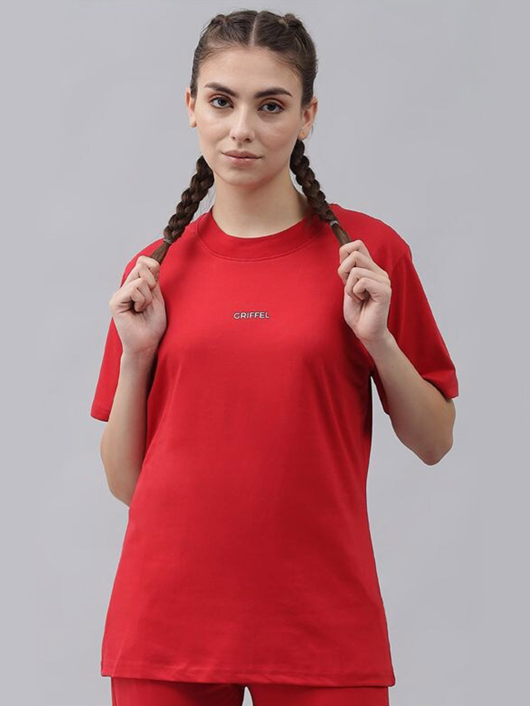 

GRIFFEL Women Red Solid Cotton T-shirt