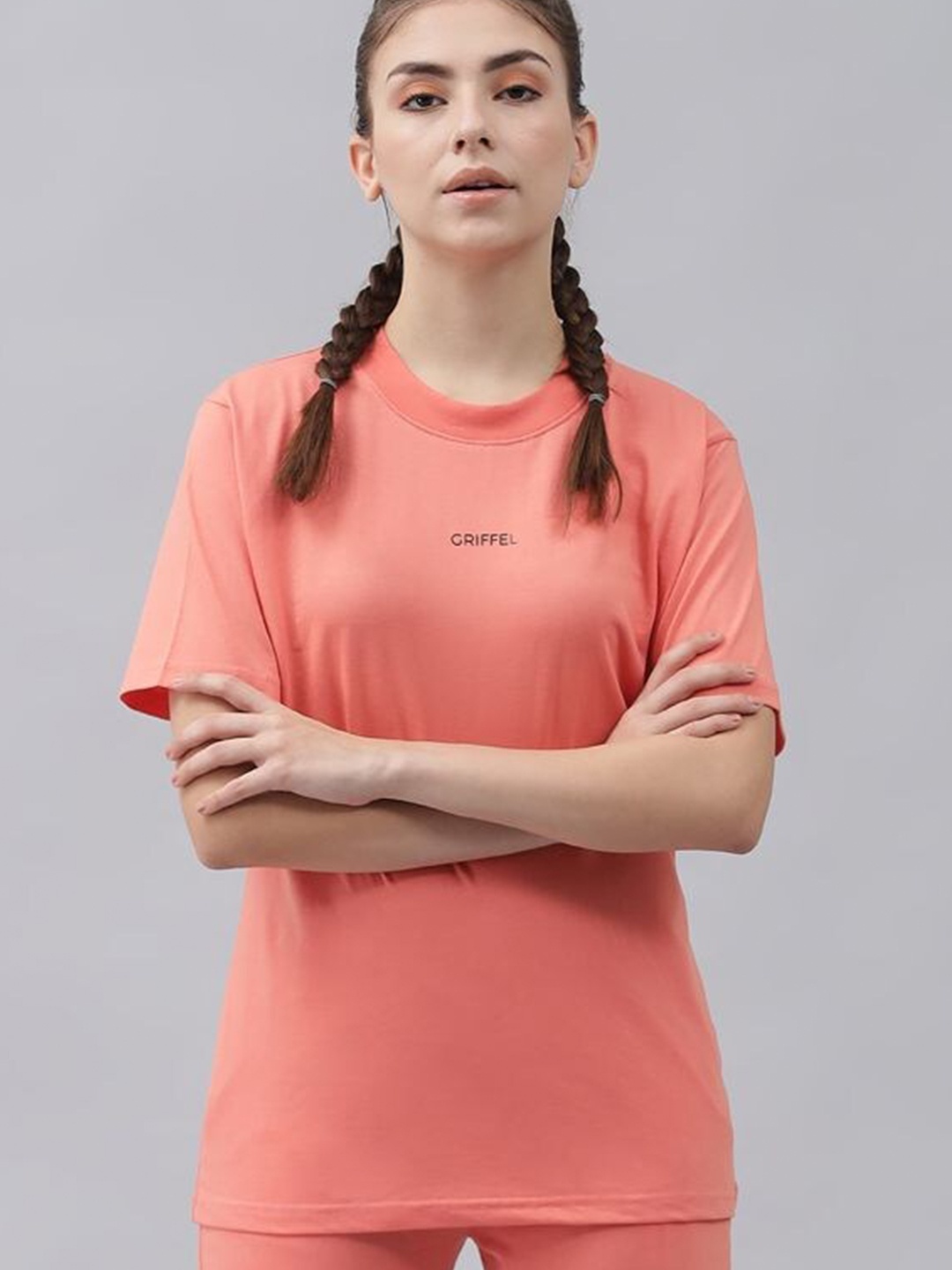 

GRIFFEL Women Peach-Coloured Solid Drop-Shoulder Sleeves T-shirt