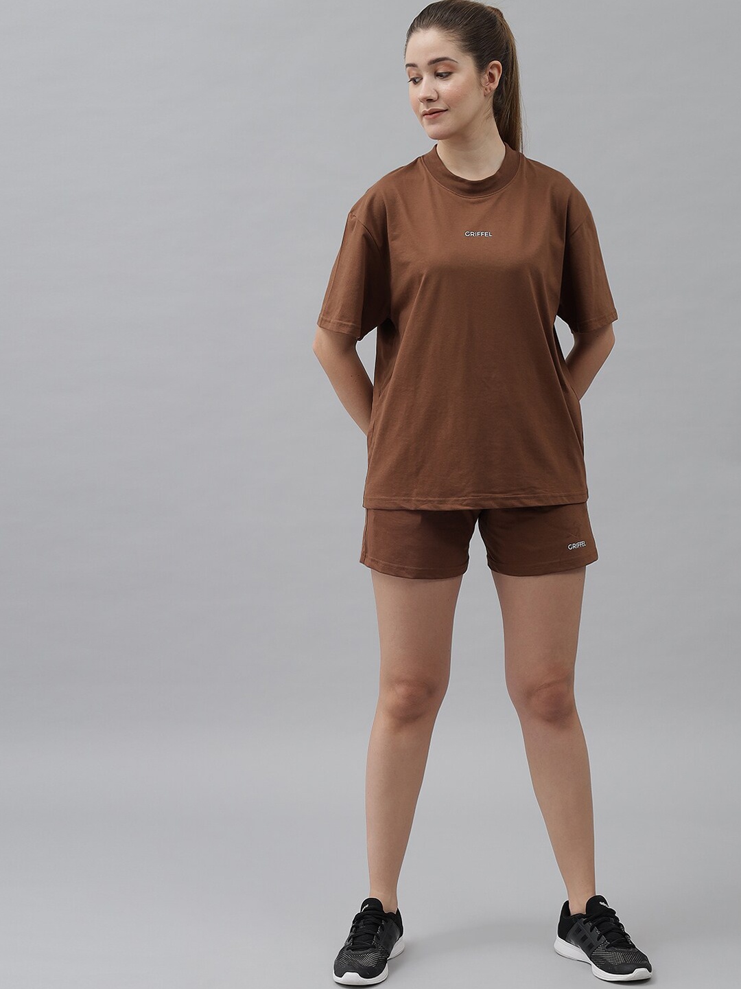 

GRIFFEL Women Coffee Brown Loose Fit Cotton Sports Shorts