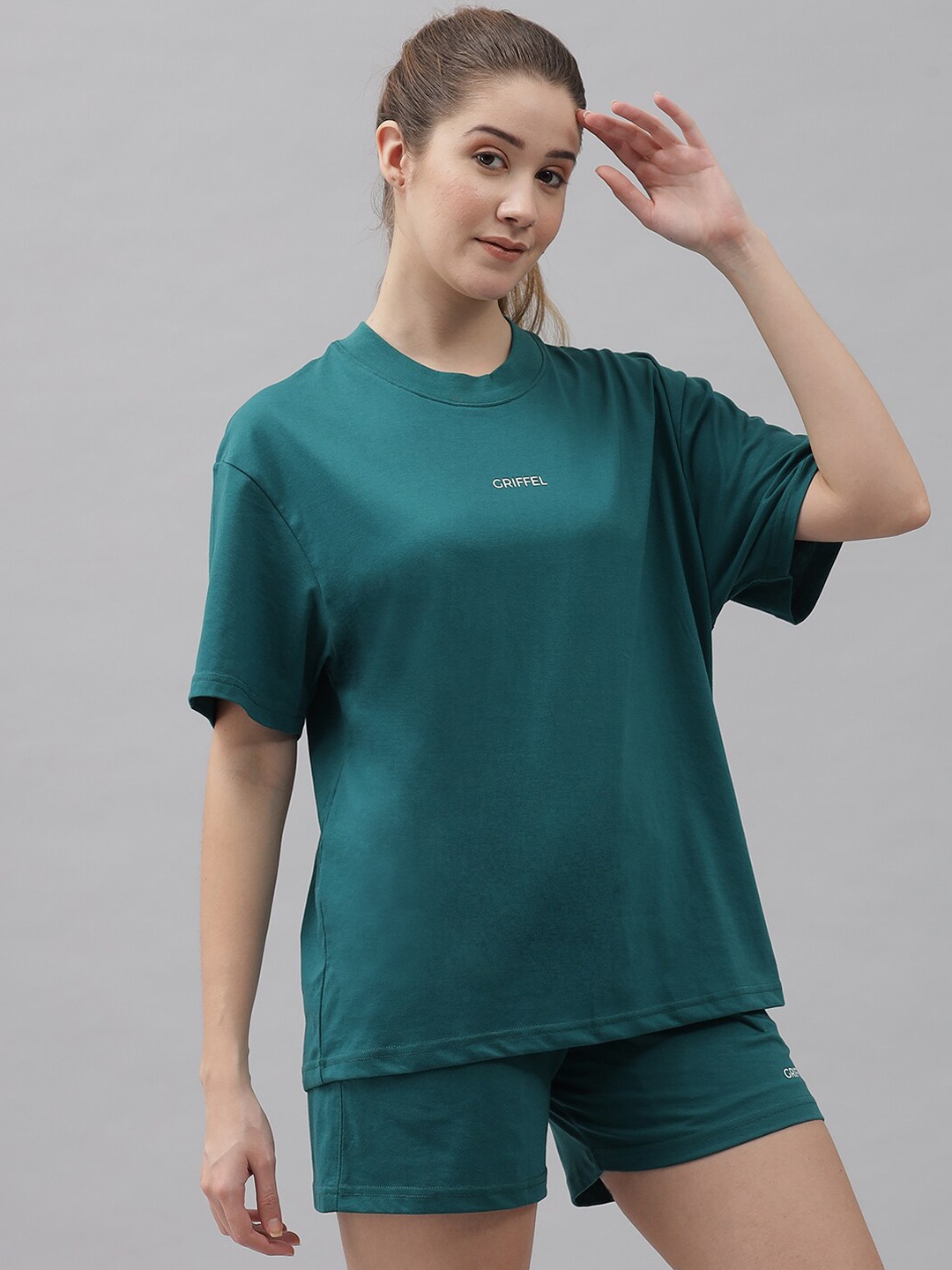 

GRIFFEL Women Green Loose Fit Cotton Sports Shorts