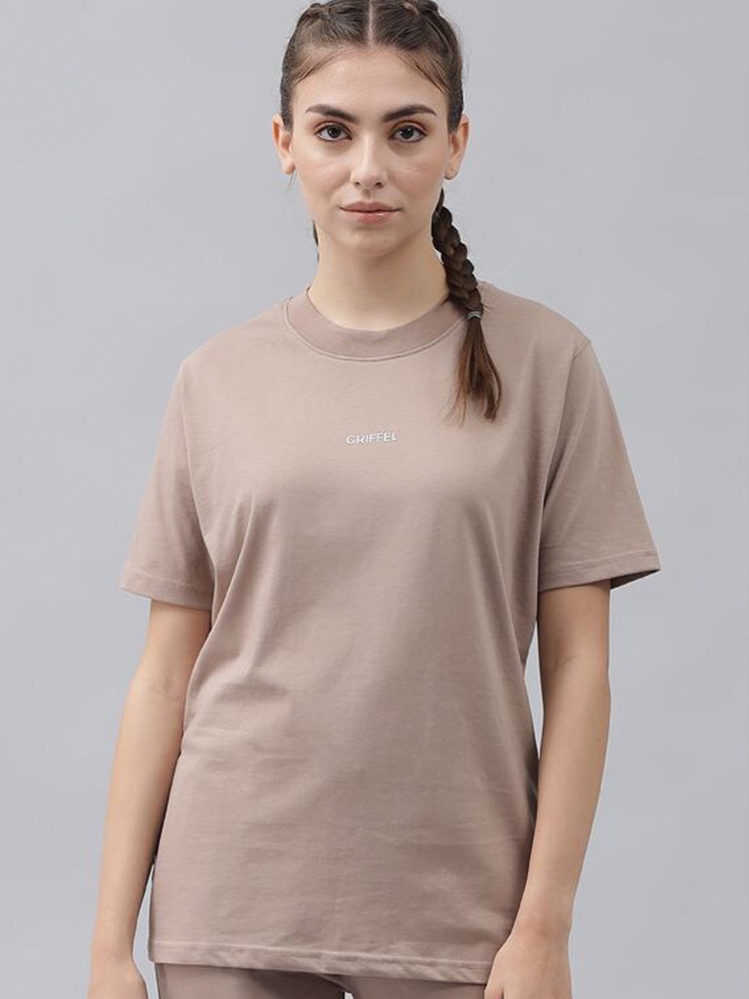 

GRIFFEL Women Brown Solid Cotton T-shirt