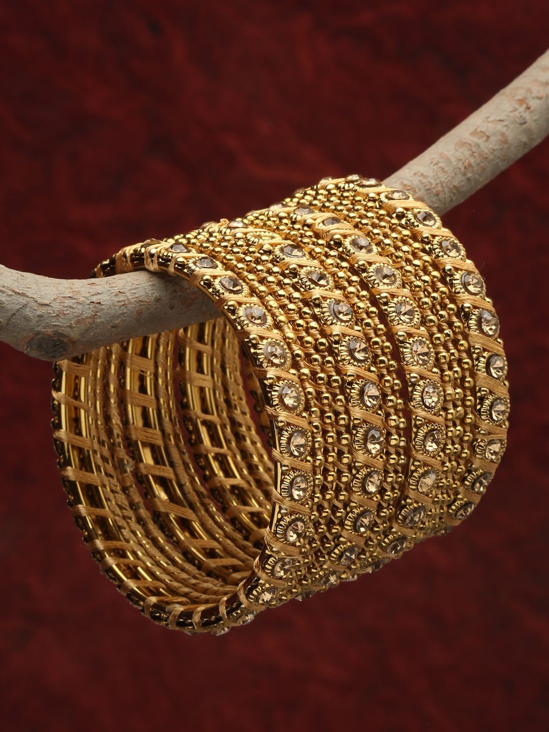 

Shining Diva Set Of 12 Gold-Plated Off-White Crystal-Studded Bangles