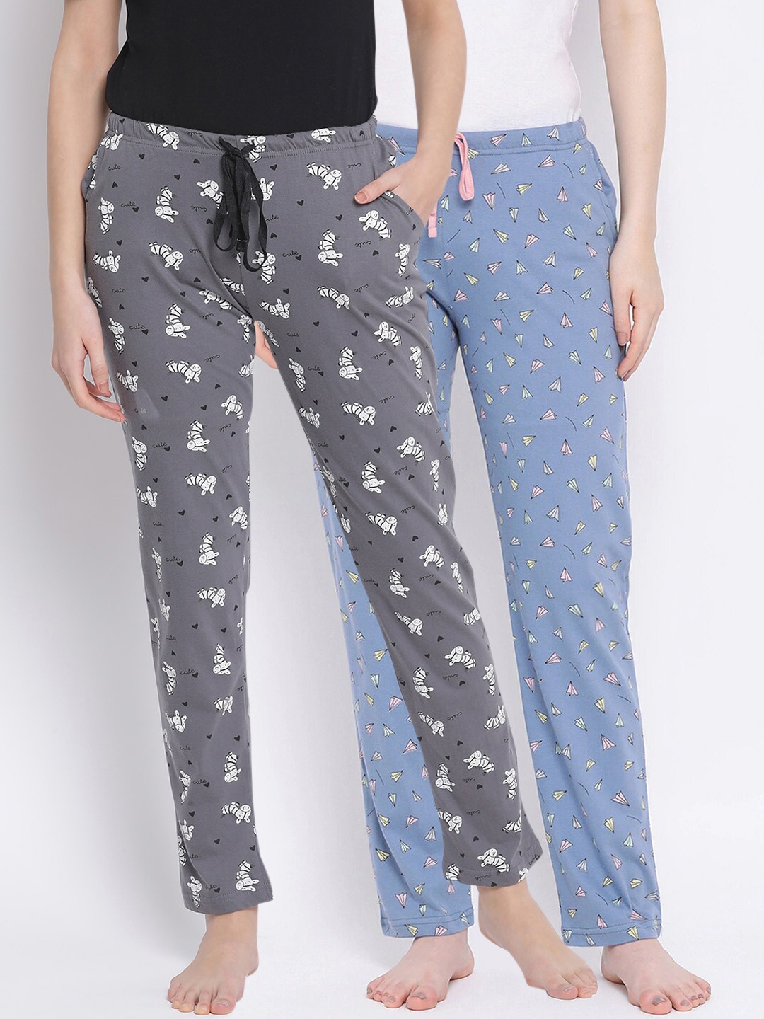 

Kanvin Women Pack Of 2 Printed Pure Cotton Lounge Pants, Grey